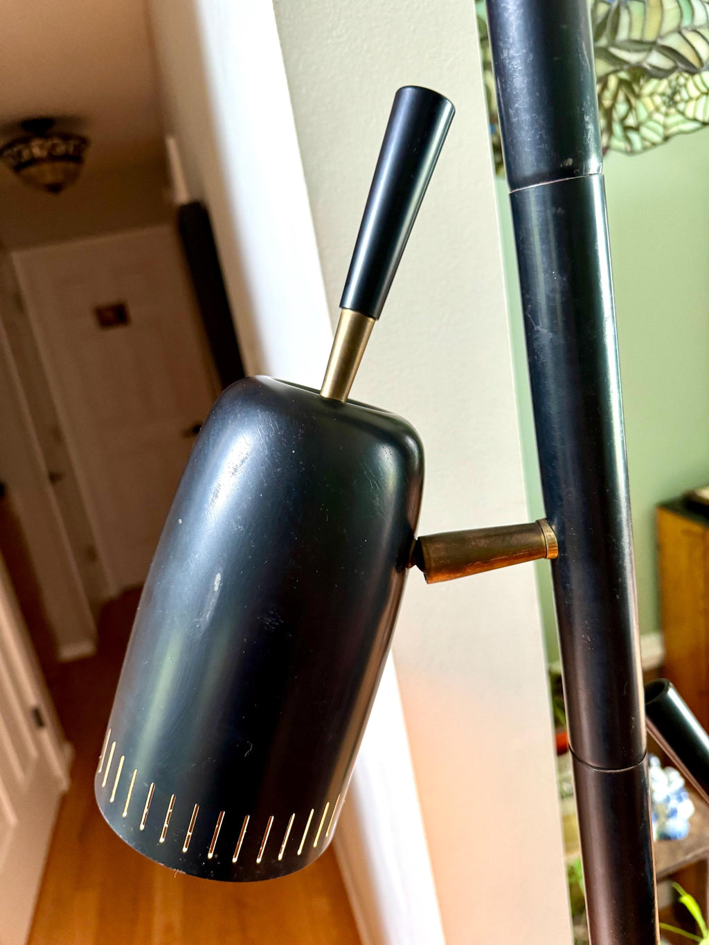 Black MCM Bullet Tension Pole Lamp | Black Atomic Coned Lamp | Modern Black & Brass Bullet Light | Raymond Loewy Style 3 Shade Tension Lamp