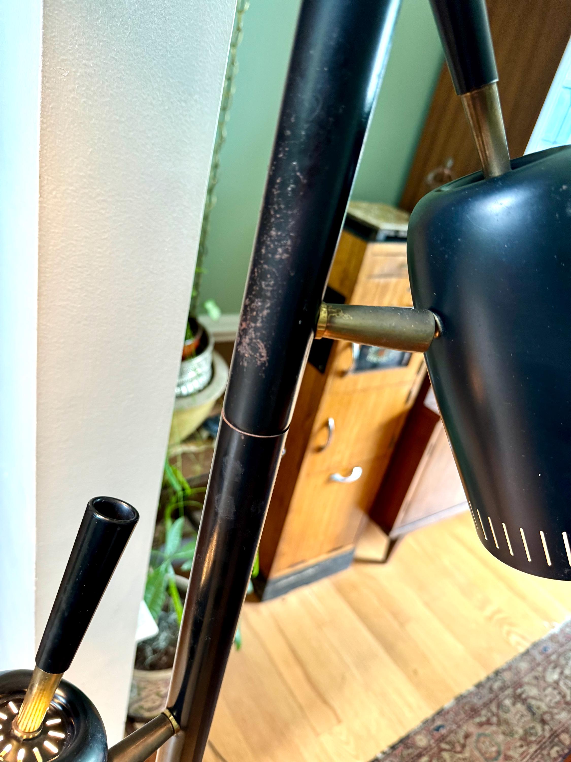 Black MCM Bullet Tension Pole Lamp | Black Atomic Coned Lamp | Modern Black & Brass Bullet Light | Raymond Loewy Style 3 Shade Tension Lamp
