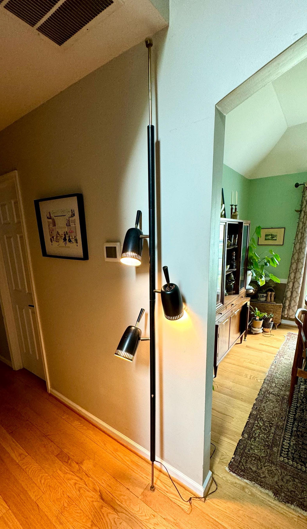 Black MCM Bullet Tension Pole Lamp | Black Atomic Coned Lamp | Modern Black & Brass Bullet Light | Raymond Loewy Style 3 Shade Tension Lamp