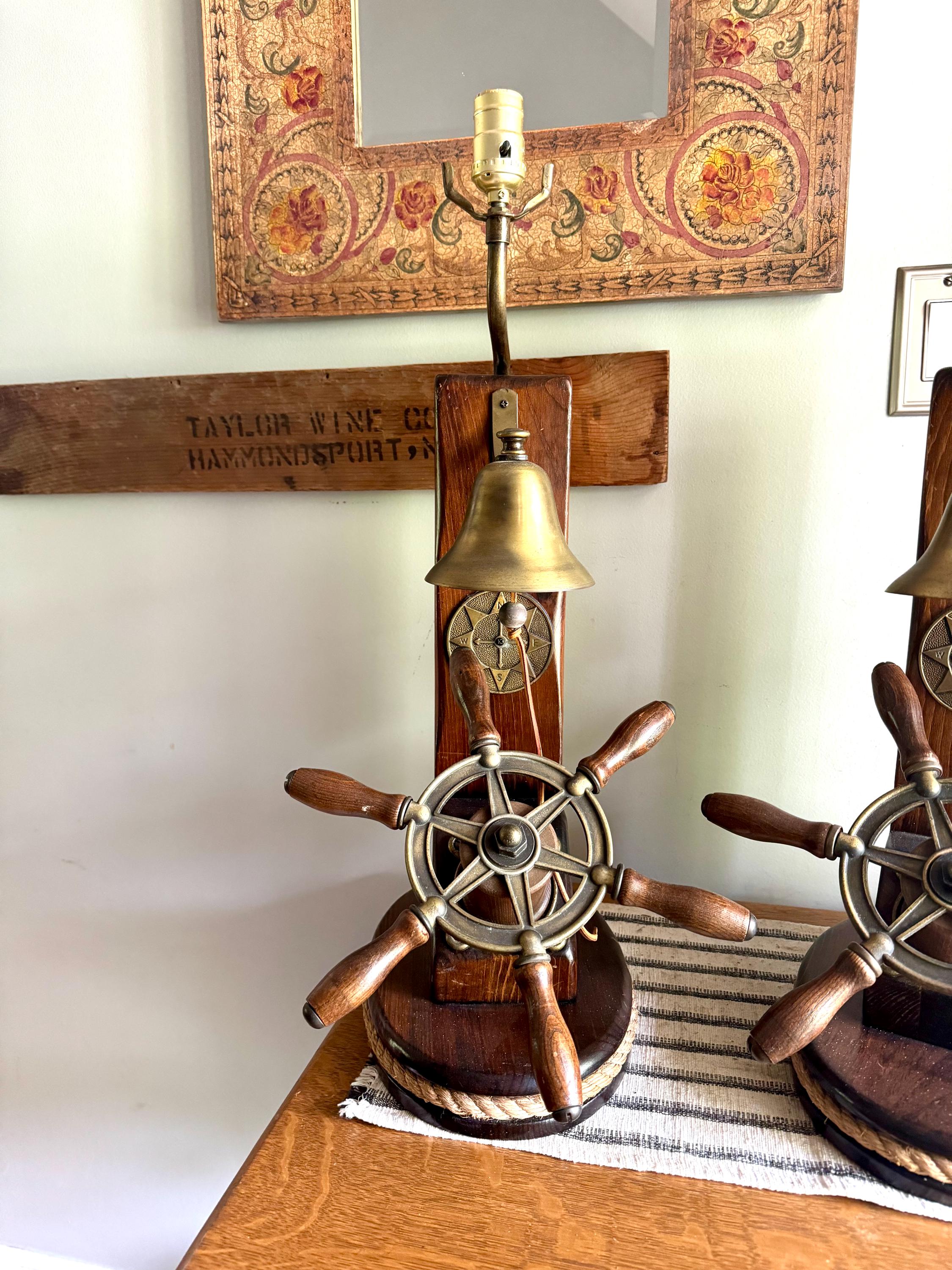 Vtg Pair of Nautical Themed Lamps | Ship's Wheel and Bell Themed Lamps | Nautical  Helmsman Wheel Lamps | Coastal Beach House Decor