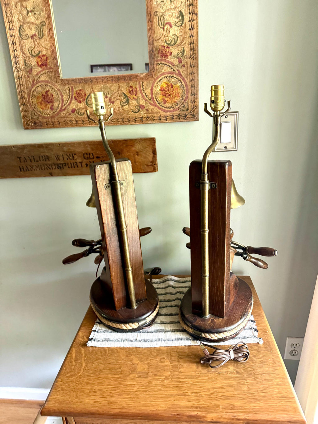 Vtg Pair of Nautical Themed Lamps | Ship's Wheel and Bell Themed Lamps | Nautical  Helmsman Wheel Lamps | Coastal Beach House Decor