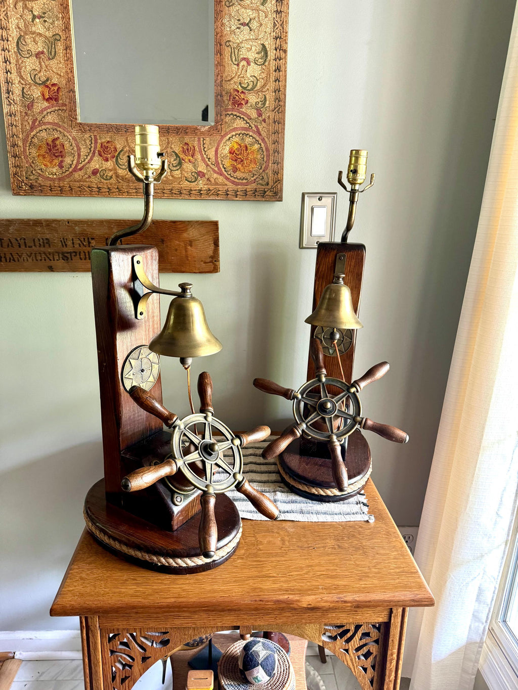Vtg Pair of Nautical Themed Lamps | Ship's Wheel and Bell Themed Lamps | Nautical  Helmsman Wheel Lamps | Coastal Beach House Decor