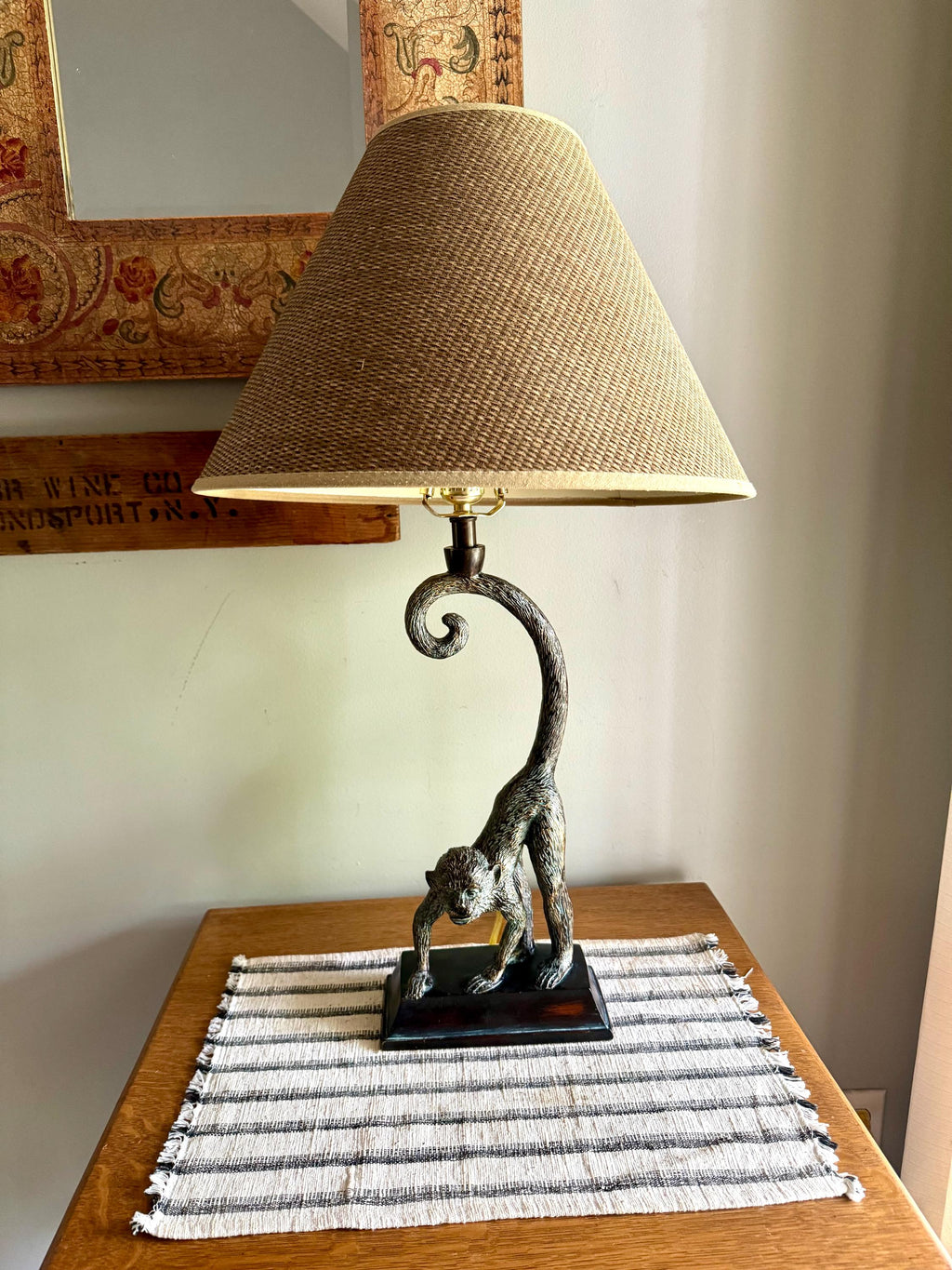Vtg Whimsical Bronze Toned Monkey Lamp | Resin Monkey Figurine Lamp | Bronze Toned Monkey Lamp on Wood Base