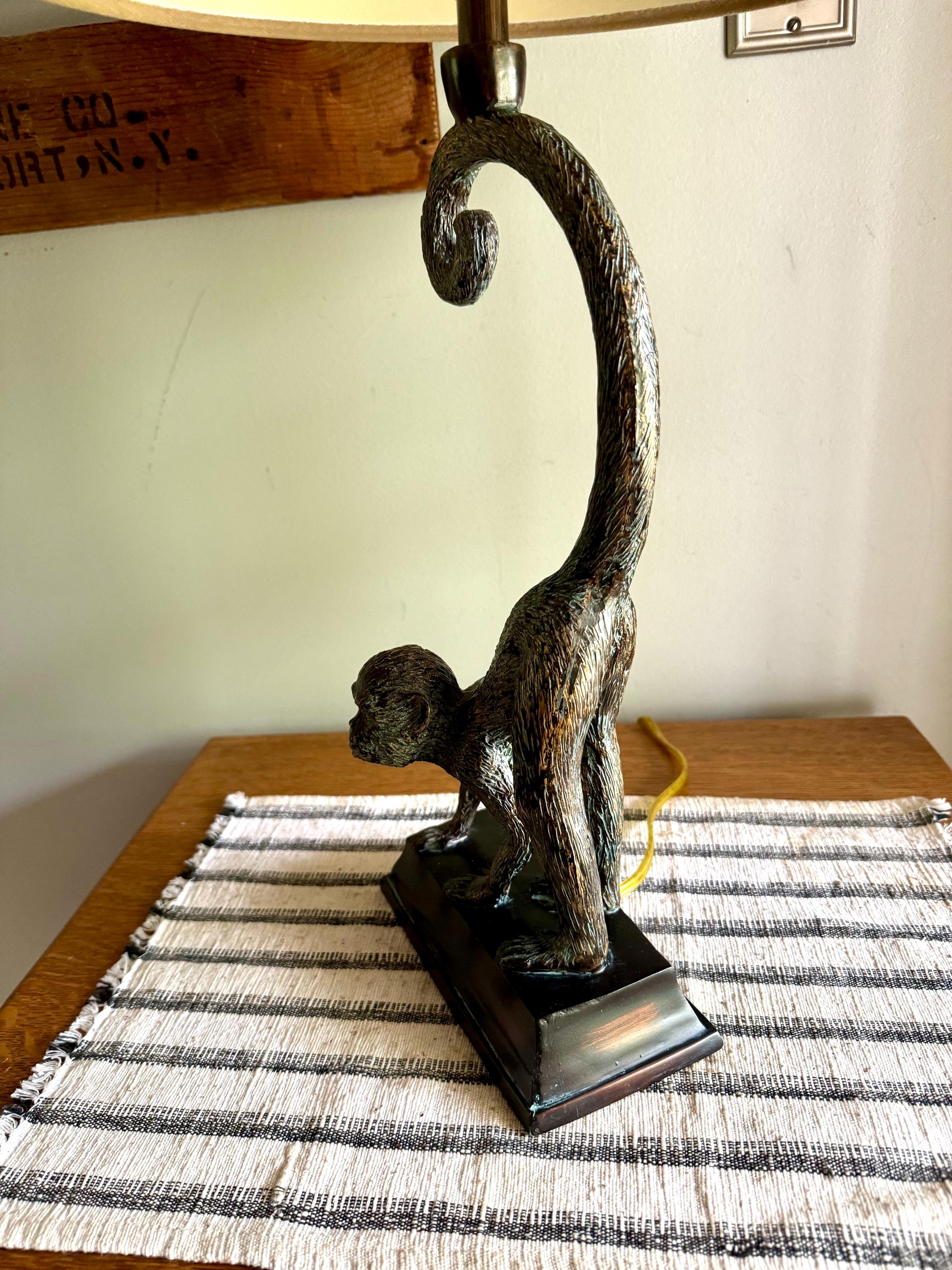 Vtg Whimsical Bronze Toned Monkey Lamp | Resin Monkey Figurine Lamp | Bronze Toned Monkey Lamp on Wood Base