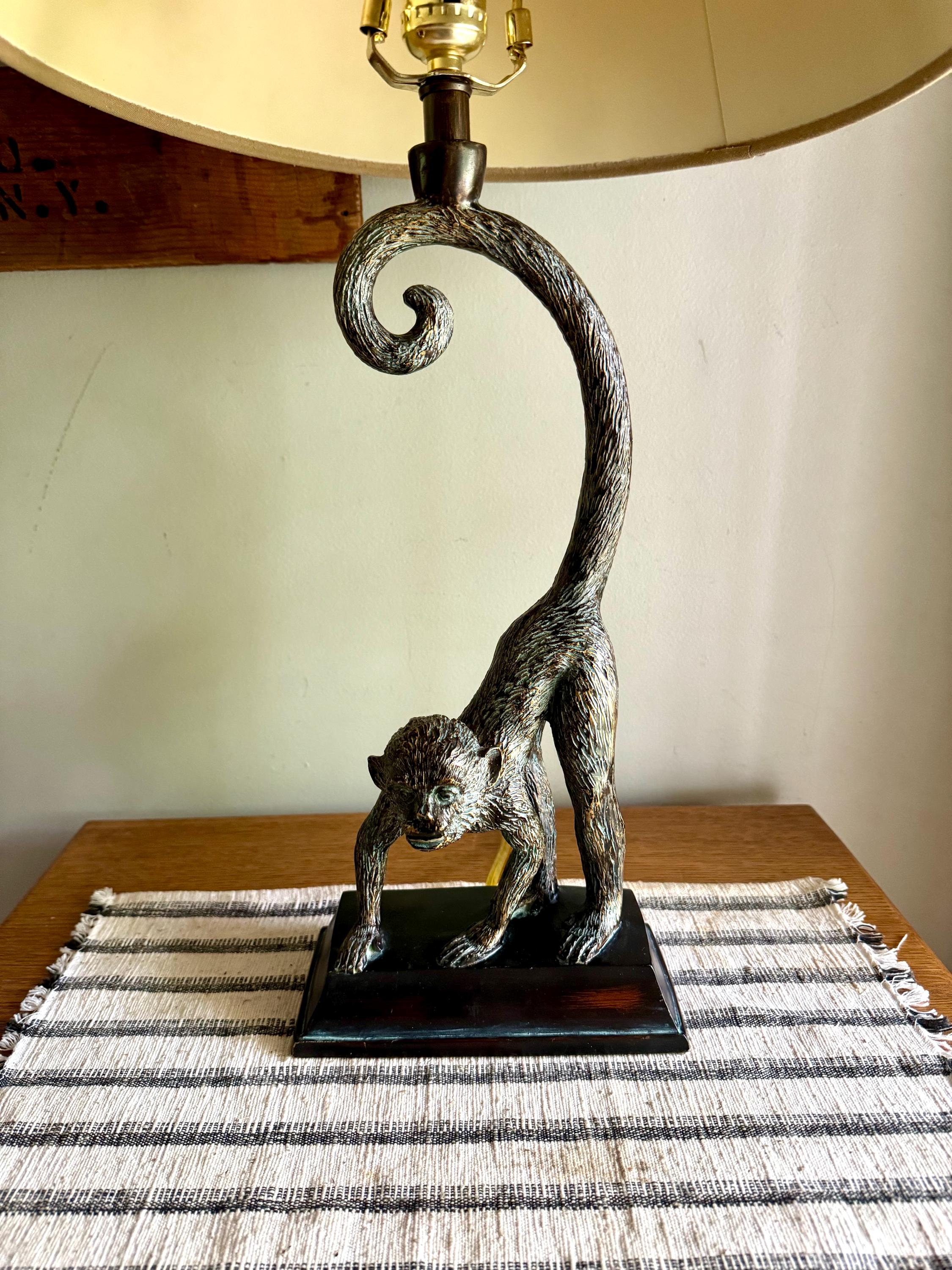 Vtg Whimsical Bronze Toned Monkey Lamp | Resin Monkey Figurine Lamp | Bronze Toned Monkey Lamp on Wood Base
