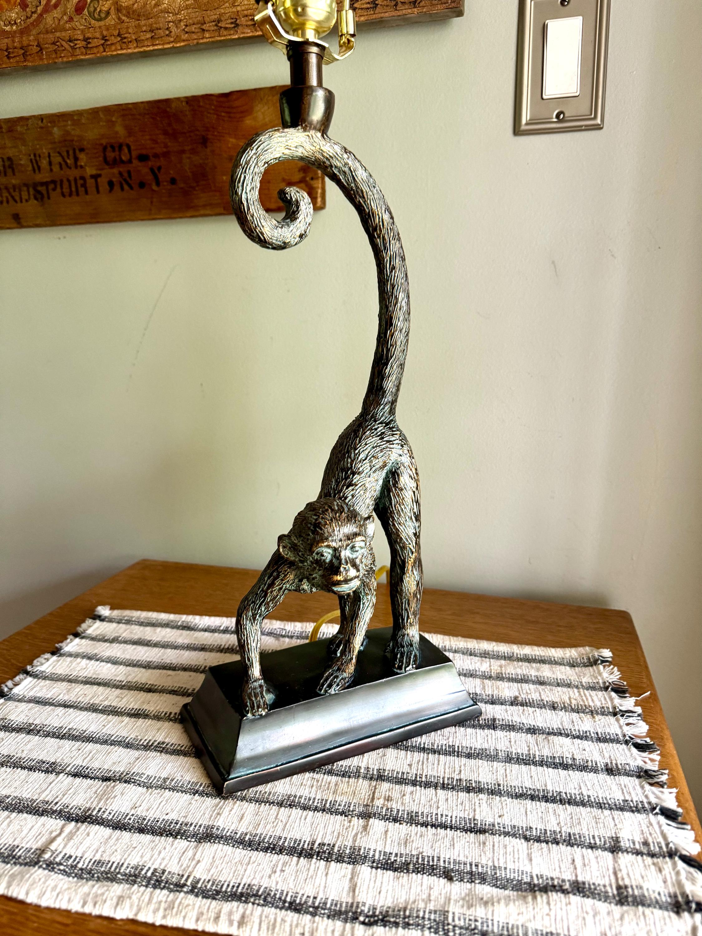 Vtg Whimsical Bronze Toned Monkey Lamp | Resin Monkey Figurine Lamp | Bronze Toned Monkey Lamp on Wood Base
