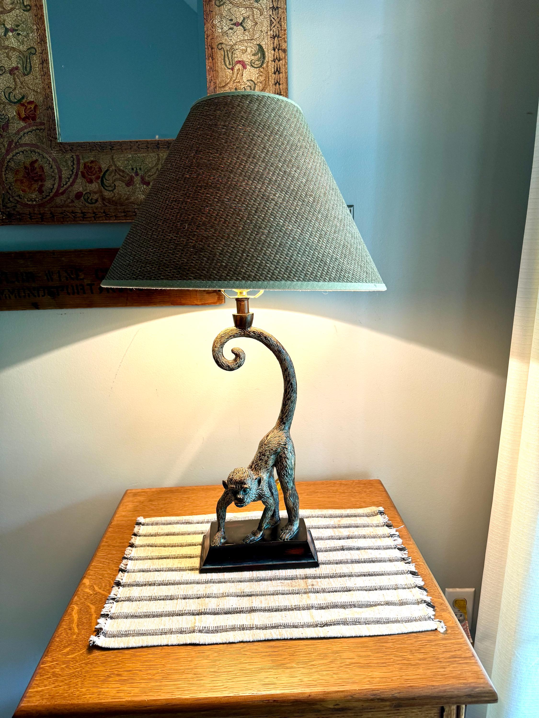 Vtg Whimsical Bronze Toned Monkey Lamp | Resin Monkey Figurine Lamp | Bronze Toned Monkey Lamp on Wood Base