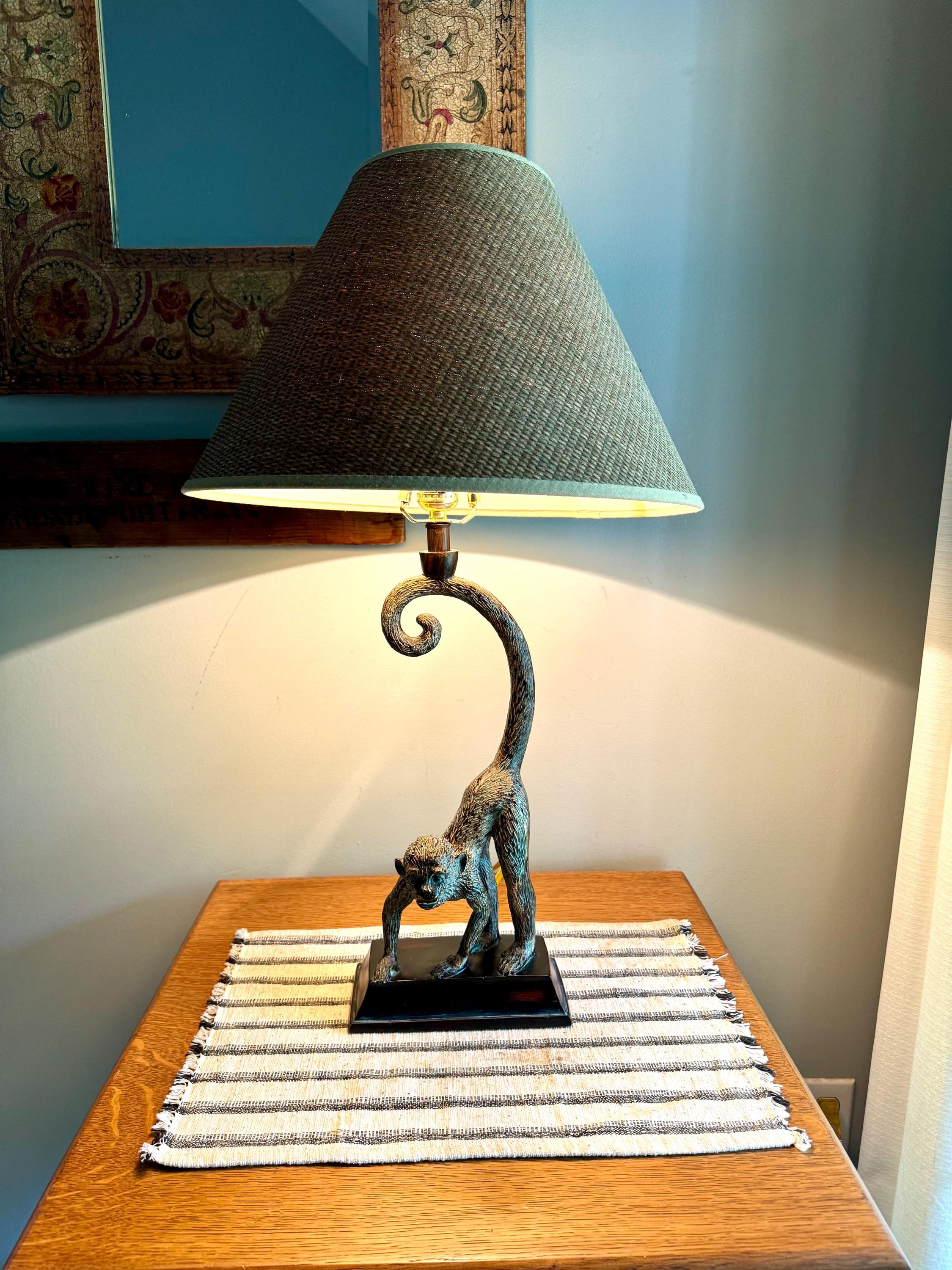 Vtg Whimsical Bronze Toned Monkey Lamp | Resin Monkey Figurine Lamp | Bronze Toned Monkey Lamp on Wood Base