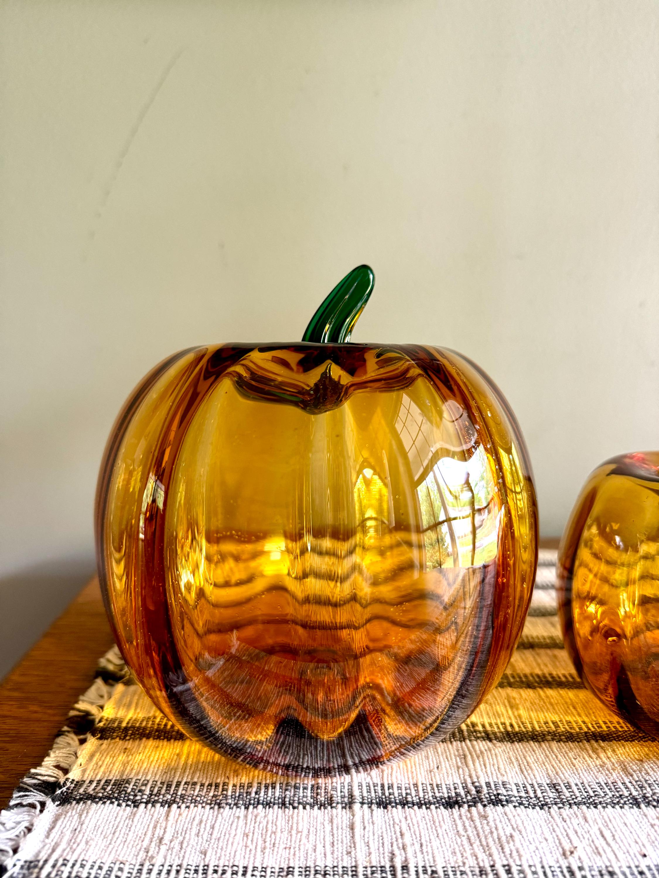Vtg Set of Blenko Amber Pumpkin | Blenko Handblown Glass Pumpkins | 2002 Blenko Blown Glass Pumpkins