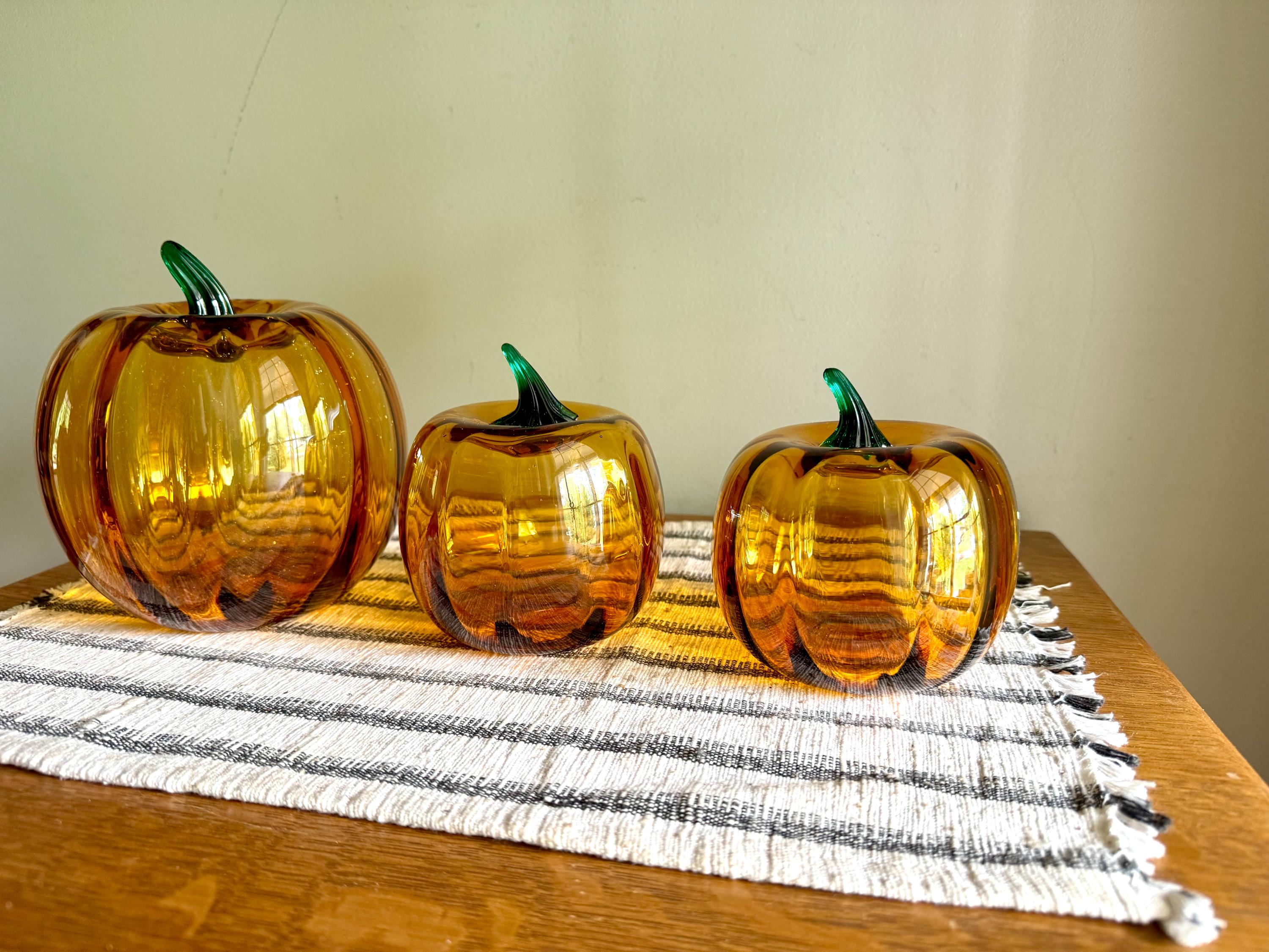 Vtg Set of Blenko Amber Pumpkin | Blenko Handblown Glass Pumpkins | 2002 Blenko Blown Glass Pumpkins