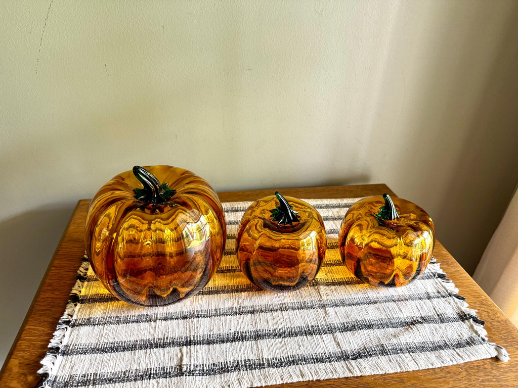 Vtg Set of Blenko Amber Pumpkin | Blenko Handblown Glass Pumpkins | 2002 Blenko Blown Glass Pumpkins