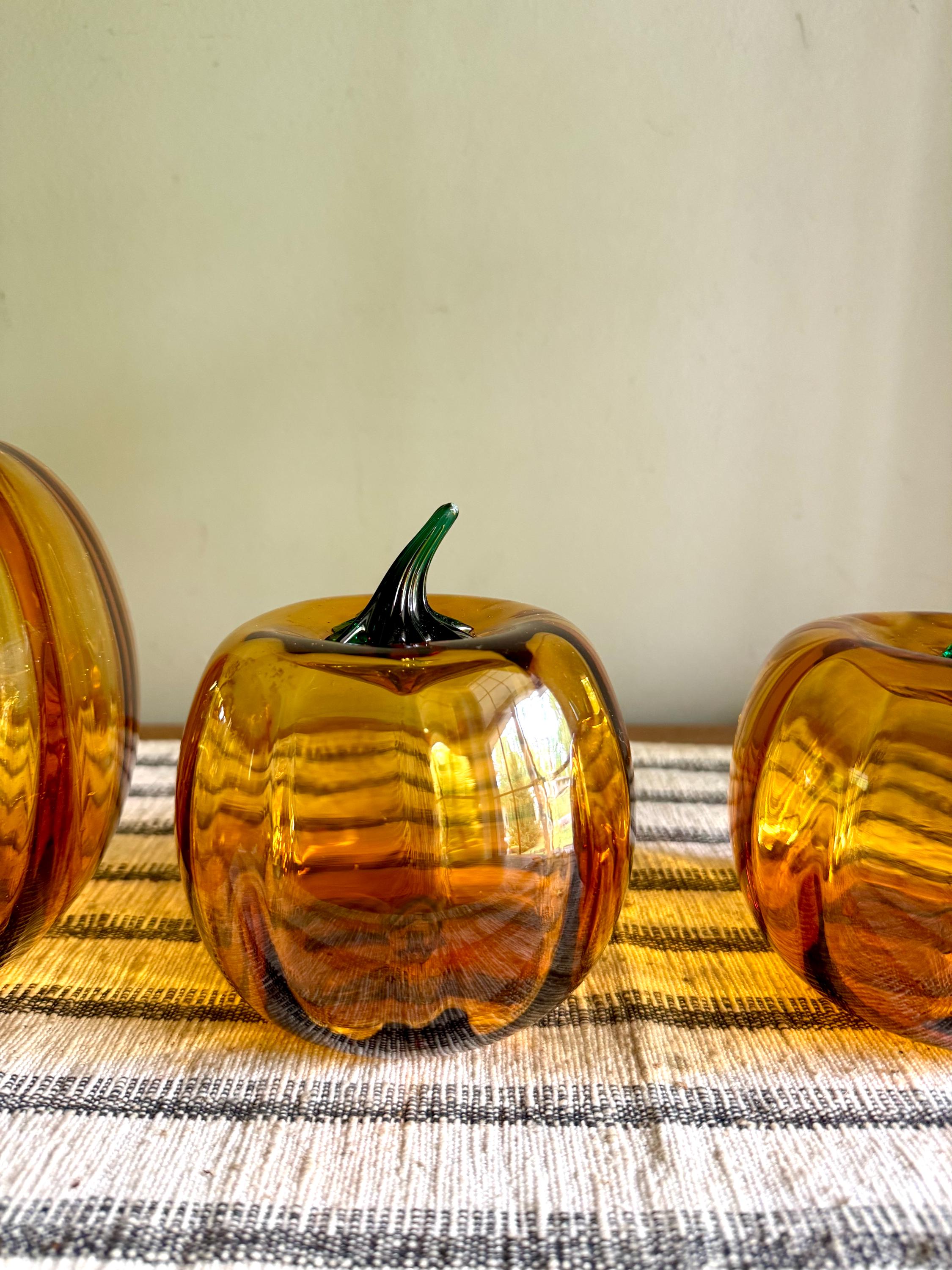 Vtg Set of Blenko Amber Pumpkin | Blenko Handblown Glass Pumpkins | 2002 Blenko Blown Glass Pumpkins