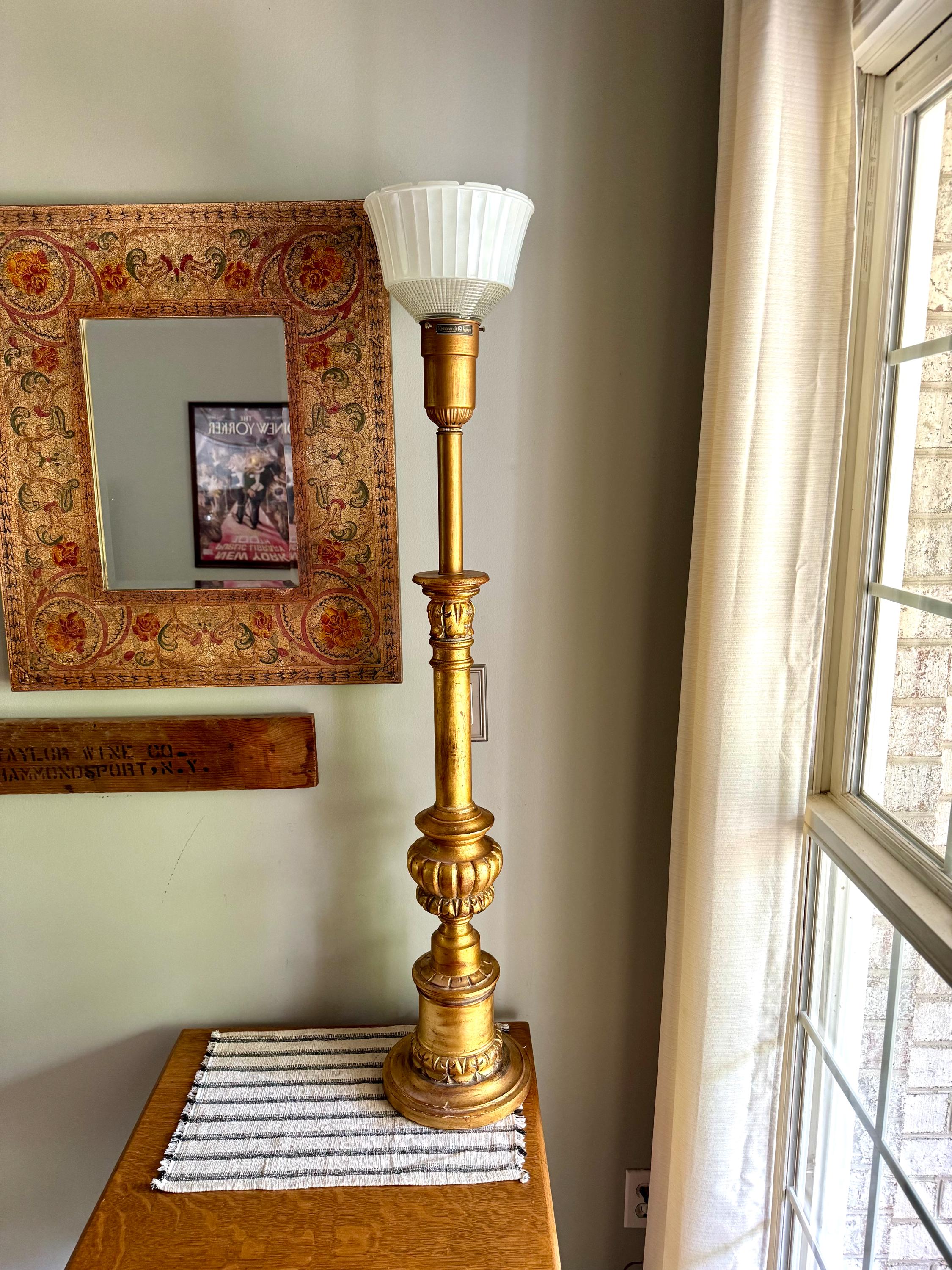 Vtg Large Gilded Torchiere Lamp By Rembrandt | Rembrandt Art Deco Gold Floor Lamp With Glass Shade | Ornate Victorian Gold Large Lamp