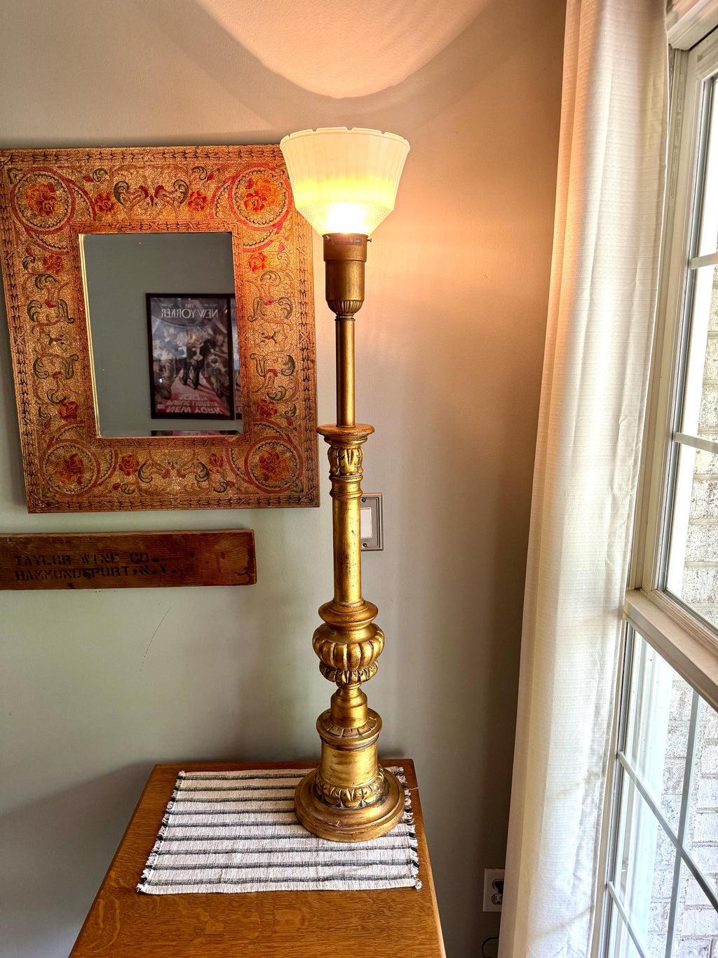 Vtg Large Gilded Torchiere Lamp By Rembrandt | Rembrandt Art Deco Gold Floor Lamp With Glass Shade | Ornate Victorian Gold Large Lamp