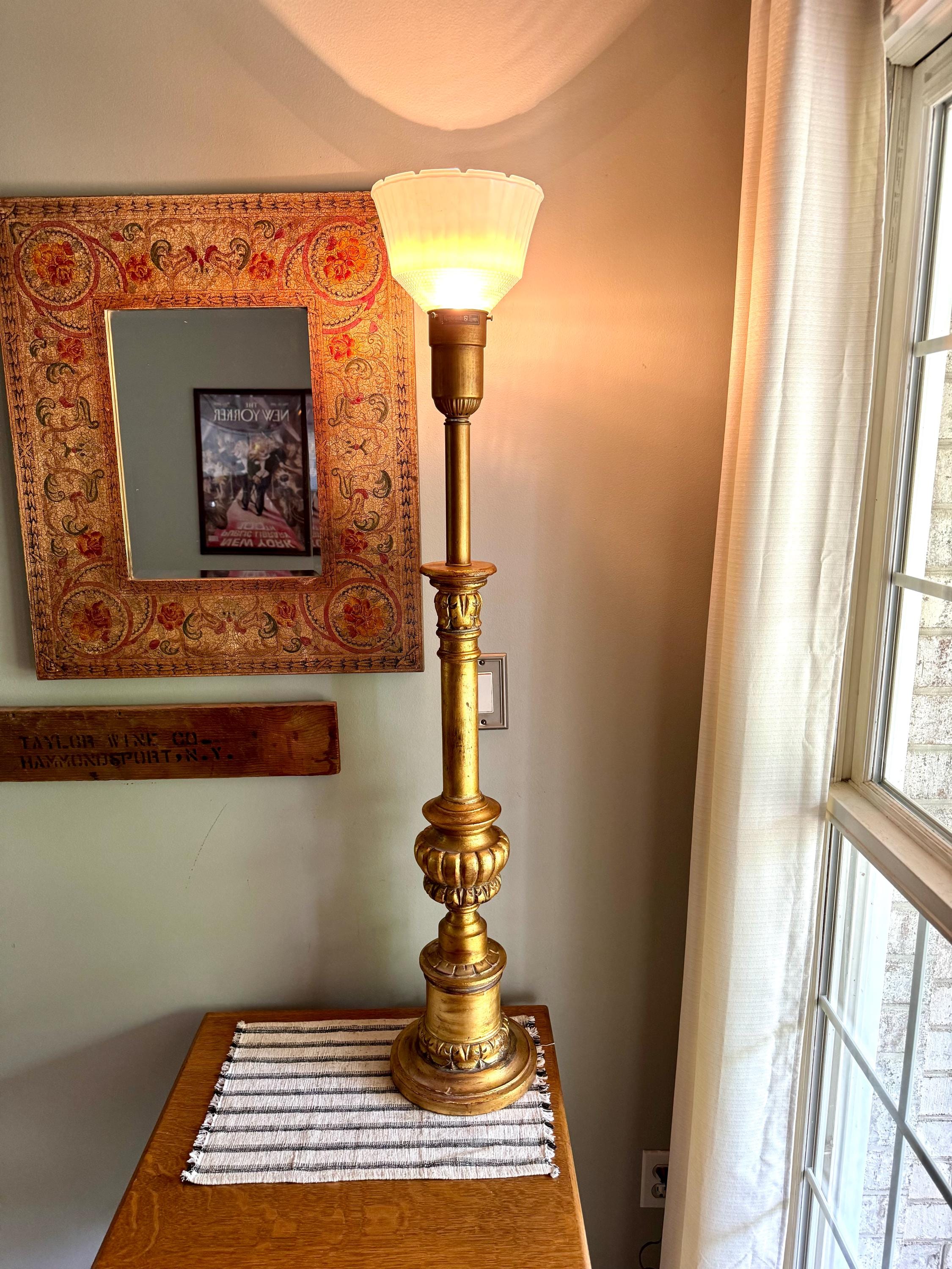 Vtg Large Gilded Torchiere Lamp By Rembrandt | Rembrandt Art Deco Gold Floor Lamp With Glass Shade | Ornate Victorian Gold Large Lamp