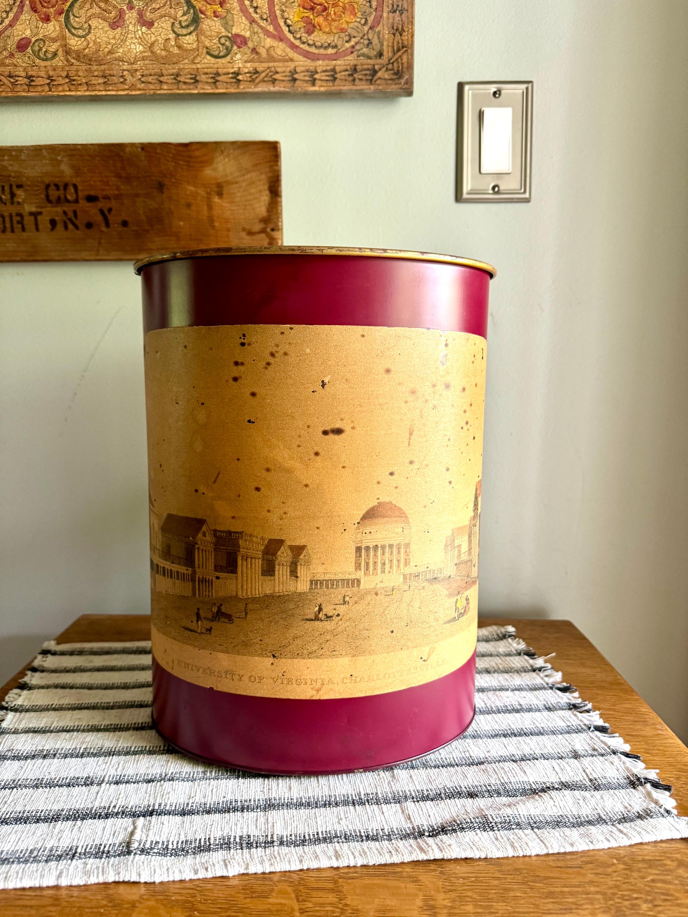 Vtg University of Virginia Red Trash Can | Charlottesville UVA Pictured Trash Bin | UVA Metal Oval Trash Can | Distressed UVA Trash Bin