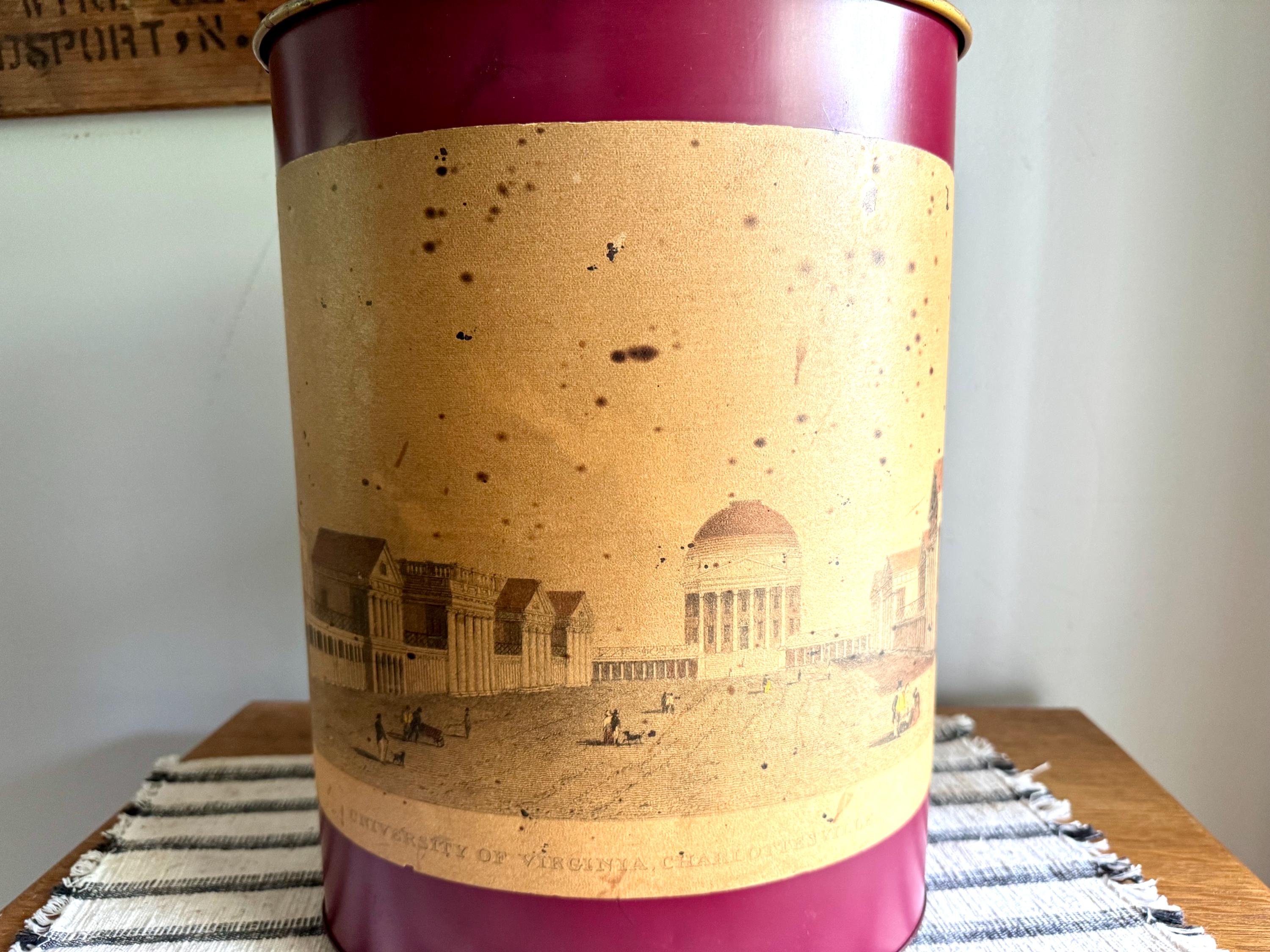 Vtg University of Virginia Red Trash Can | Charlottesville UVA Pictured Trash Bin | UVA Metal Oval Trash Can | Distressed UVA Trash Bin