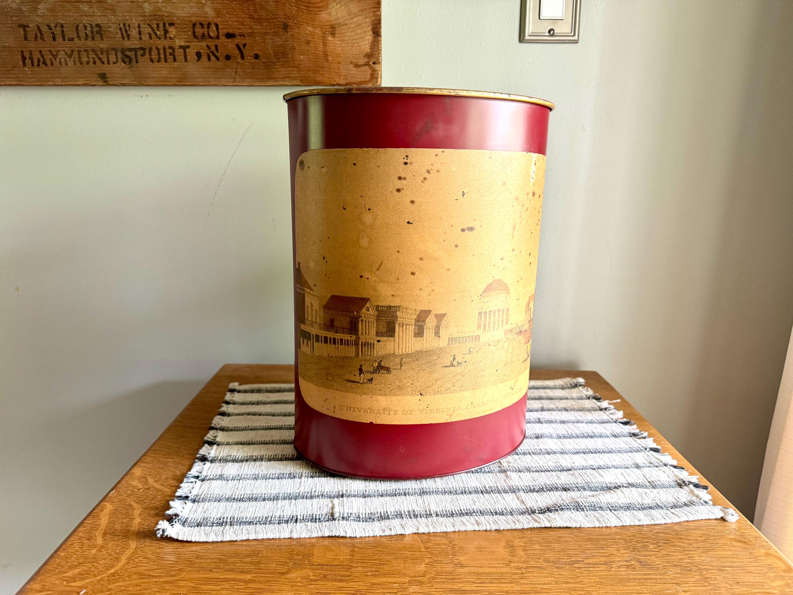 Vtg University of Virginia Red Trash Can | Charlottesville UVA Pictured Trash Bin | UVA Metal Oval Trash Can | Distressed UVA Trash Bin