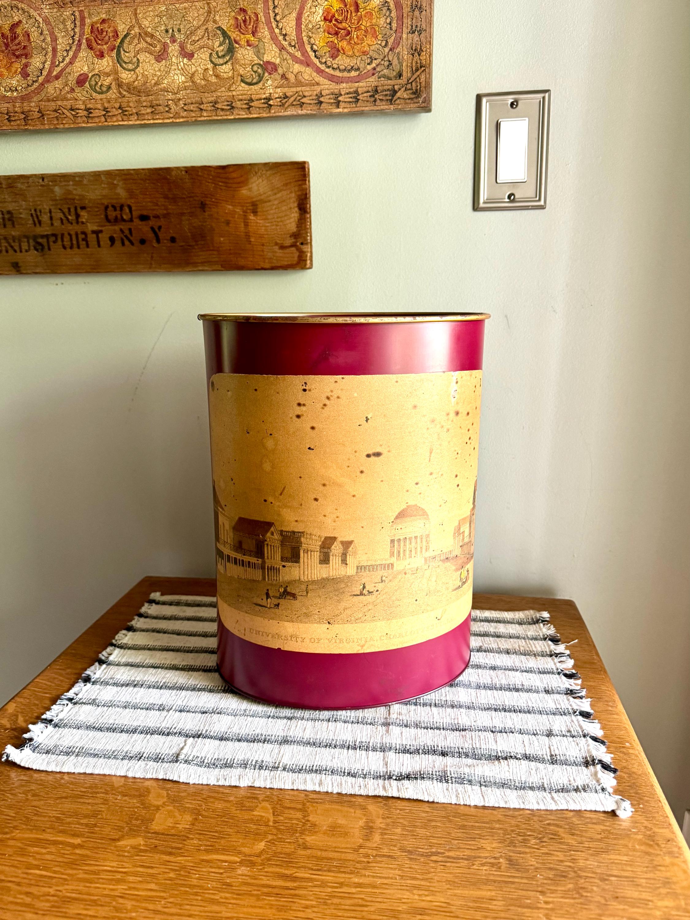 Vtg University of Virginia Red Trash Can | Charlottesville UVA Pictured Trash Bin | UVA Metal Oval Trash Can | Distressed UVA Trash Bin