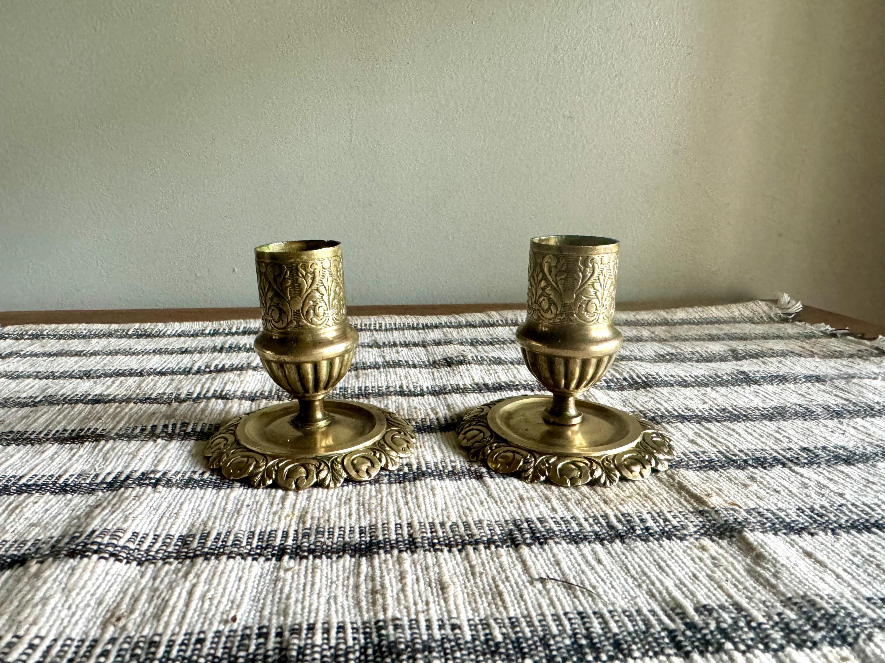 Pair of Antique Brass Ornate Candle Holders | 2 Brass Victorian Candlesticks | Hollywood Regency Decor | Small Ornate Floral Candlestick