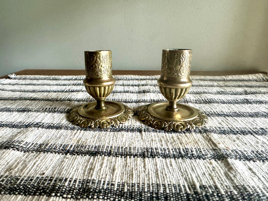 Pair of Antique Brass Ornate Candle Holders | 2 Brass Victorian Candlesticks | Hollywood Regency Decor | Small Ornate Floral Candlestick