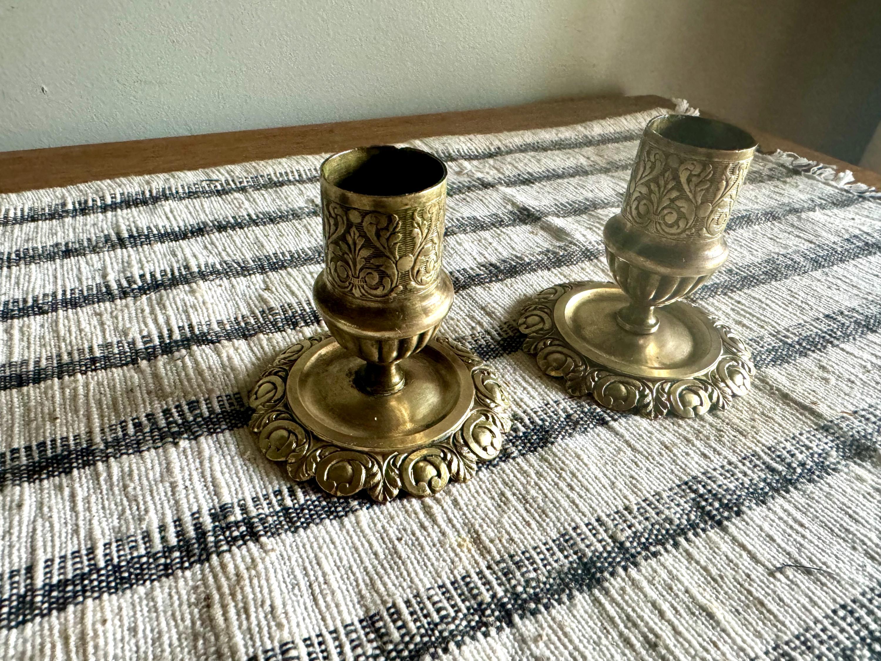 Pair of Antique Brass Ornate Candle Holders | 2 Brass Victorian Candlesticks | Hollywood Regency Decor | Small Ornate Floral Candlestick