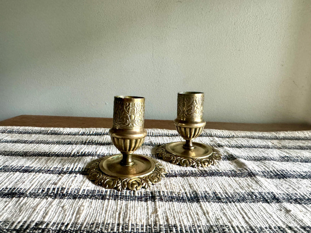 Pair of Antique Brass Ornate Candle Holders | 2 Brass Victorian Candlesticks | Hollywood Regency Decor | Small Ornate Floral Candlestick