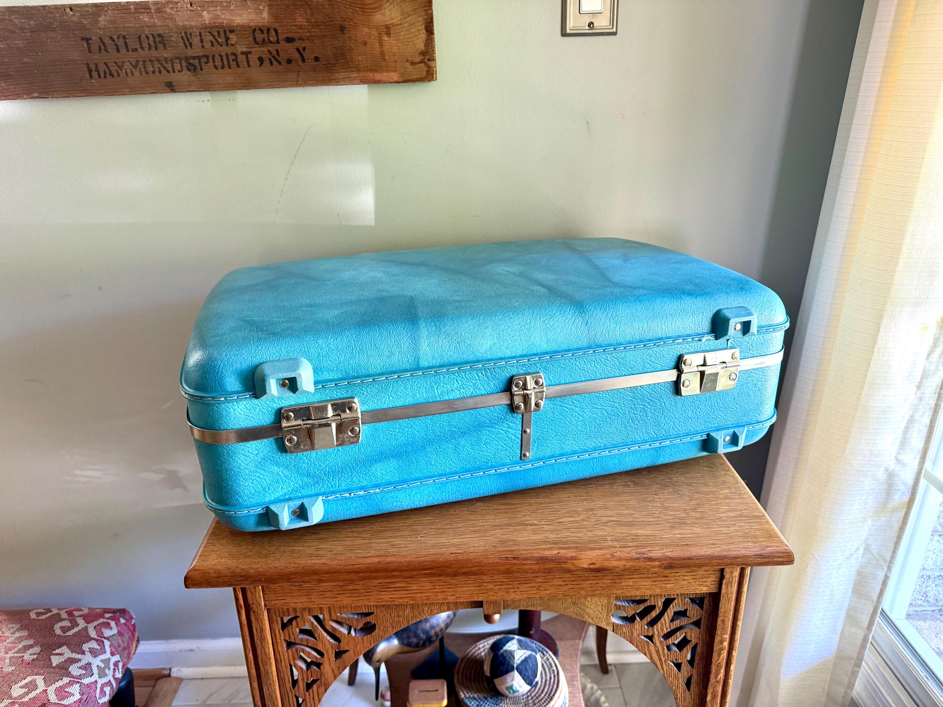 Vtg American Tourister Turquoise Marbled Luggage| American Tourister Suitcase | Smaller Size A/T Escort Suitcase| Turquoise Blue Suitcase