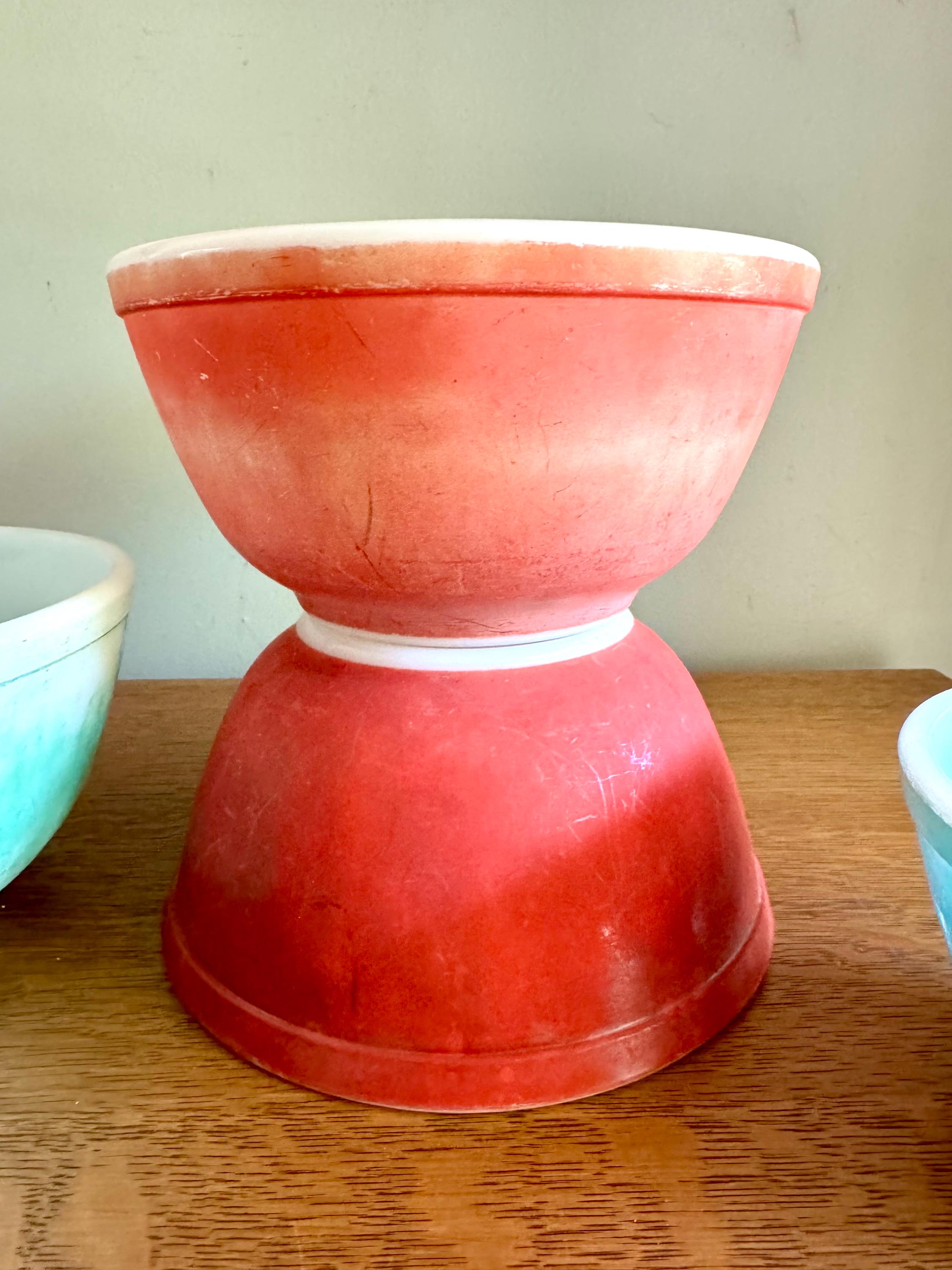 Vtg Set of Faded Pyrex Mixing Bowls | Distressed Pyrex Mixing Bowls | Green, Red and Blue Pyrex Bowls | Faded Finish Pyrex Bowls