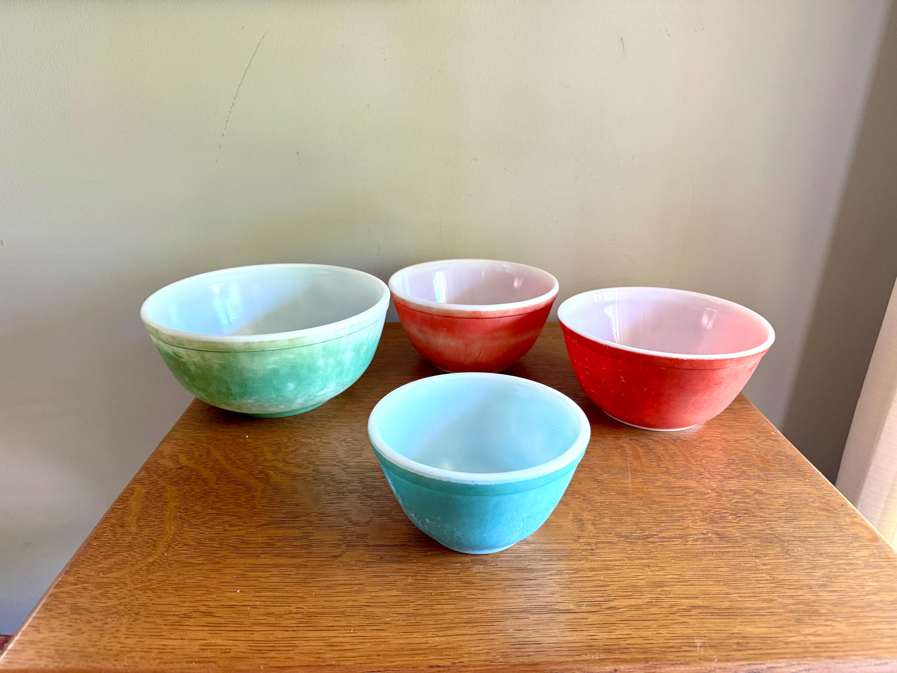 Vtg Set of Faded Pyrex Mixing Bowls | Distressed Pyrex Mixing Bowls | Green, Red and Blue Pyrex Bowls | Faded Finish Pyrex Bowls