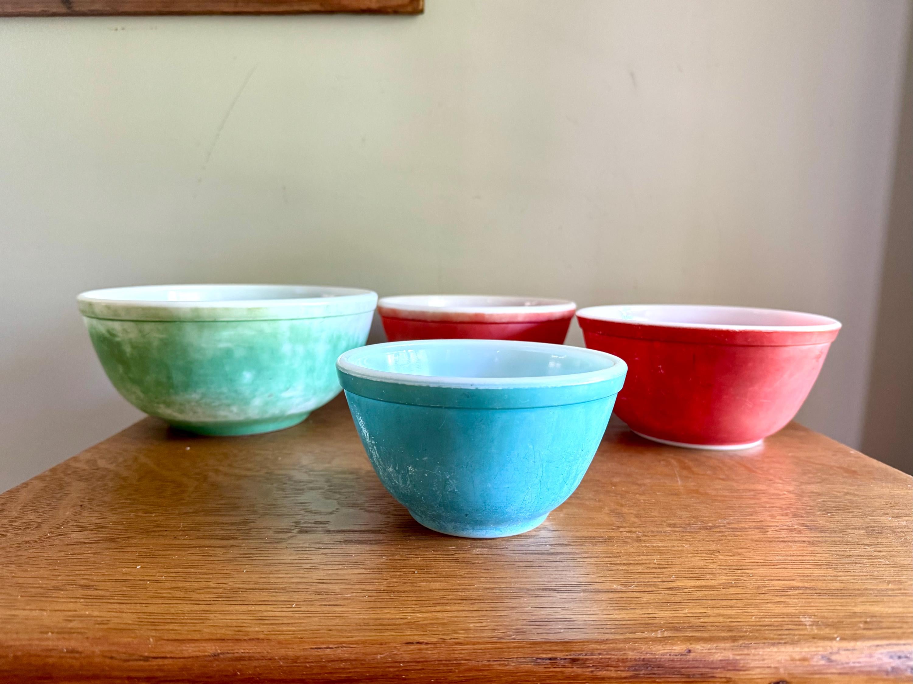 Vtg Set of Faded Pyrex Mixing Bowls | Distressed Pyrex Mixing Bowls | Green, Red and Blue Pyrex Bowls | Faded Finish Pyrex Bowls