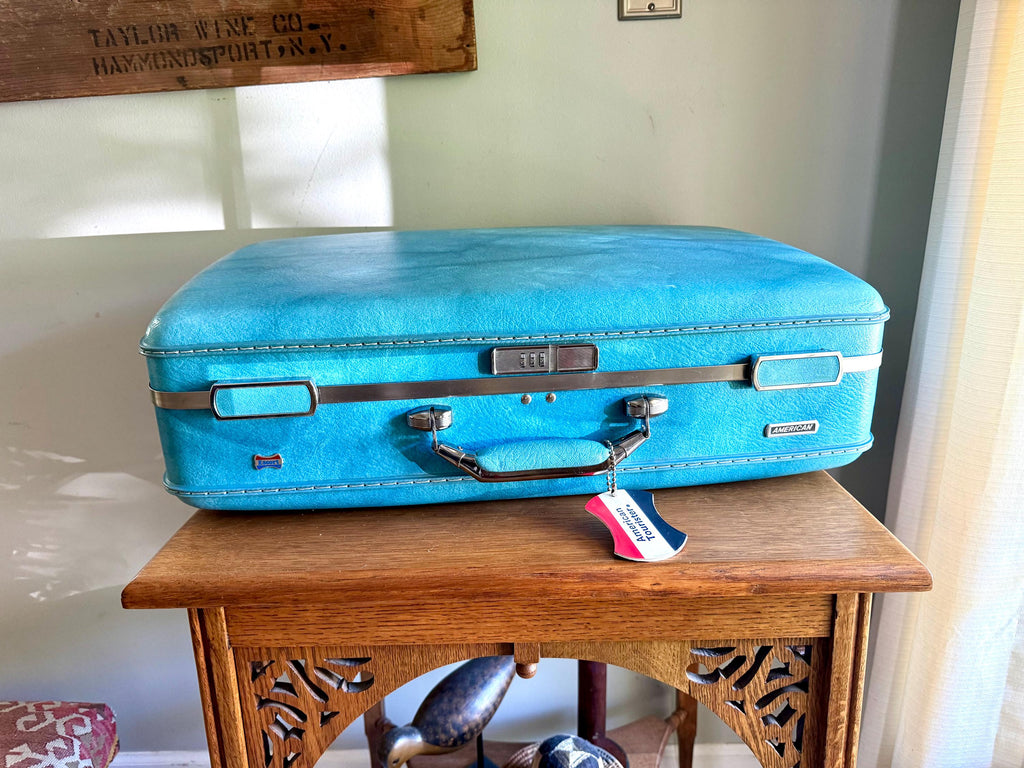 Vtg American Tourister Turquoise Marbled Luggage| American Tourister Suitcase| Medium Size A/T Escort Suitcase | Turquoise Blue Suitcase