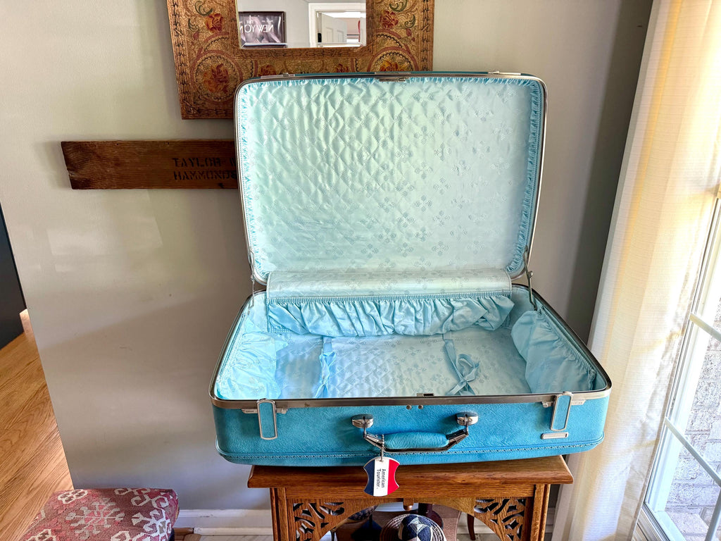Vtg American Tourister Turquoise Marbled Luggage| American Tourister Suitcase| Large Size A/T Escort Suitcase | Turquoise Blue Suitcase
