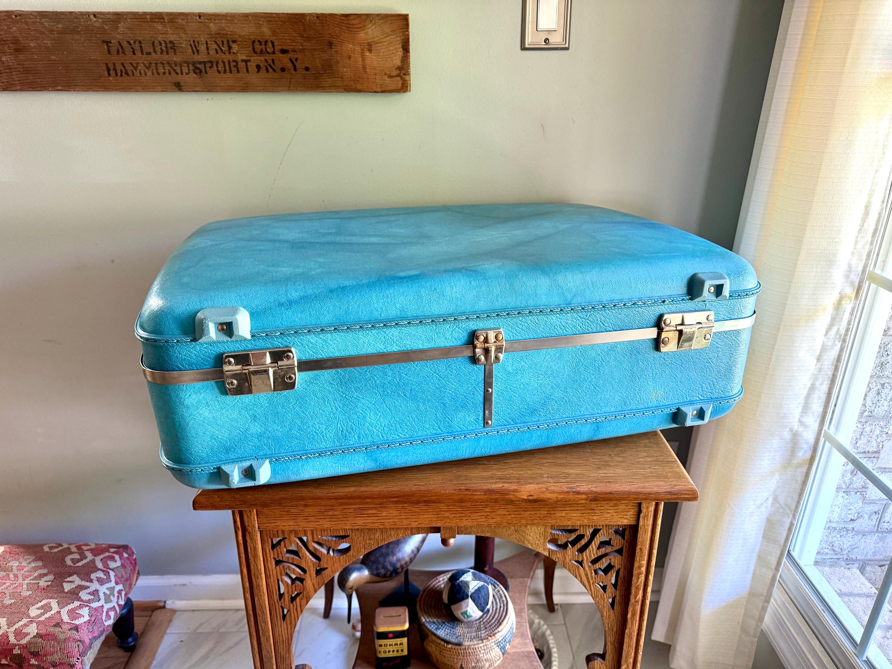 Vtg American Tourister Turquoise Marbled Luggage| American Tourister Suitcase| Large Size A/T Escort Suitcase | Turquoise Blue Suitcase