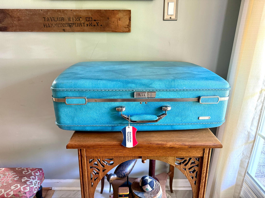 Vtg American Tourister Turquoise Marbled Luggage| American Tourister Suitcase| Large Size A/T Escort Suitcase | Turquoise Blue Suitcase