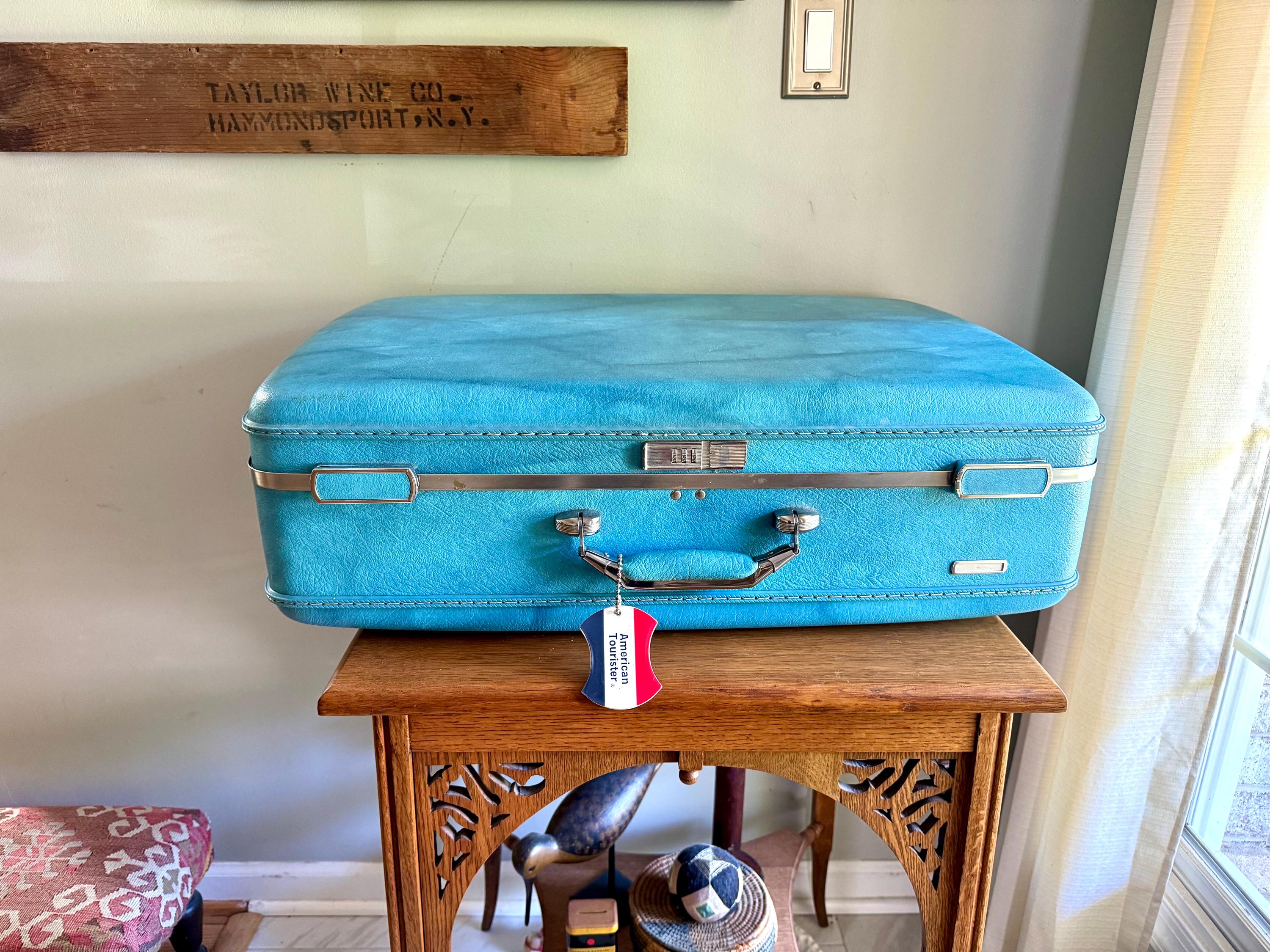 Vtg American Tourister Turquoise Marbled Luggage| American Tourister Suitcase| Large Size A/T Escort Suitcase | Turquoise Blue Suitcase