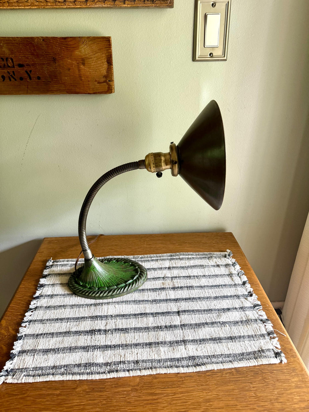 Vtg Green Eagle Goose Neck Lamp With I.P Frink Style Mirrored Lamp Shade  | Industrial Adjustable Desk Lamp | Eagle Cast Iron Desk Lamp