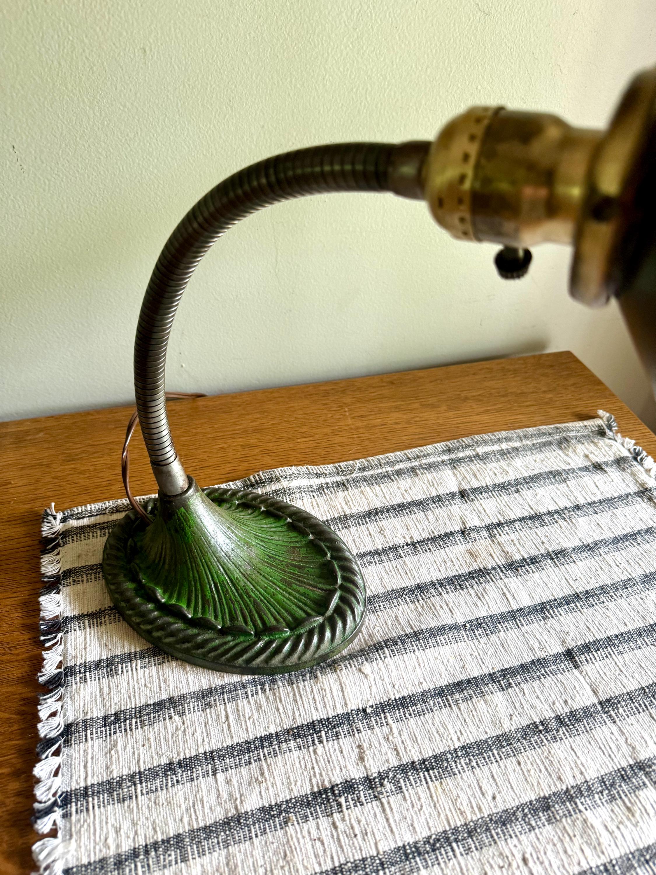 Vtg Green Eagle Goose Neck Lamp With I.P Frink Style Mirrored Lamp Shade  | Industrial Adjustable Desk Lamp | Eagle Cast Iron Desk Lamp