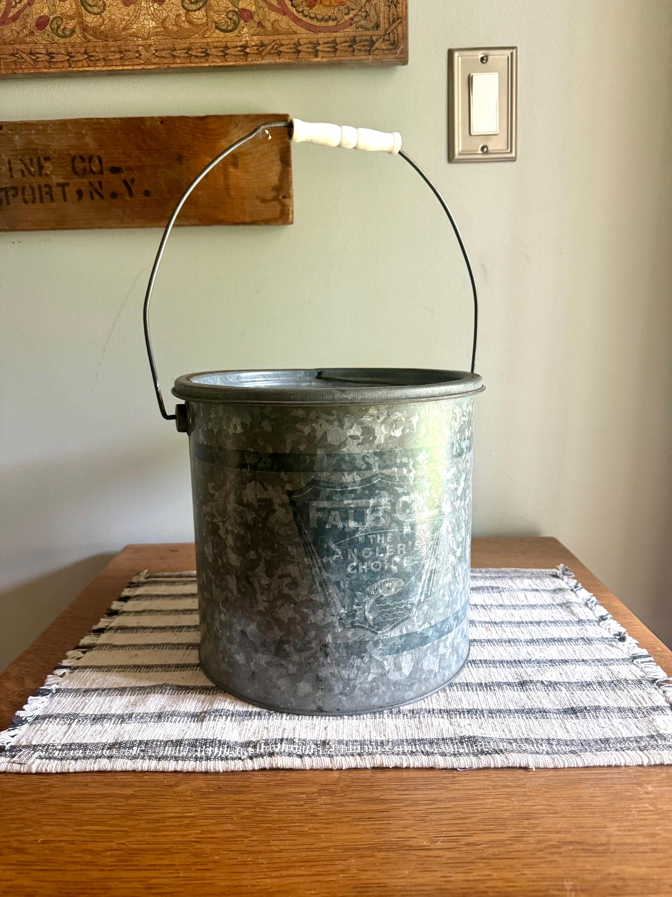 A Falls City The Angler's Choice Minnow Bucket | Falls City Metal Bait Bucket | Two Piece Minnow Bucket | Display Bucket | Fishing Decor