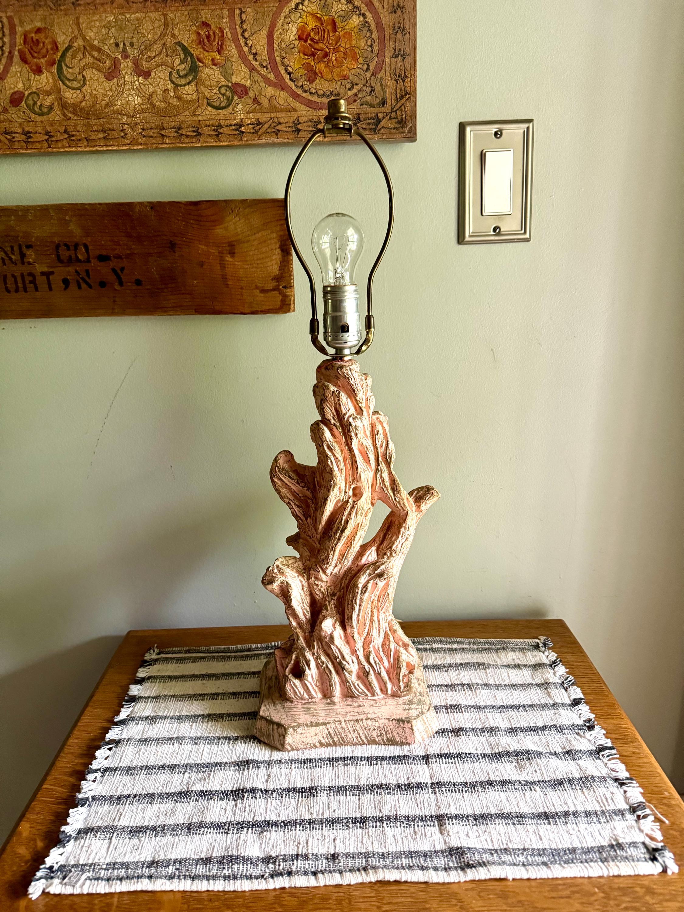 Vintage Pink Chalk Ware Faux Driftwood Lamp | Faux Driftwood Pink Lamp | Pink Plaster Tree Trunk Table Lamp | Unique Pink Lamp