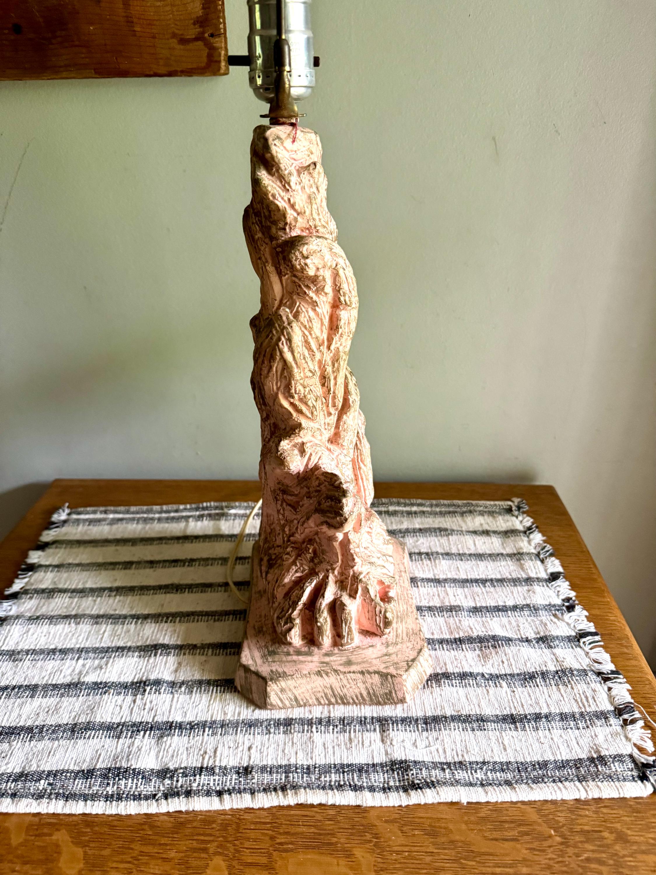 Vintage Pink Chalk Ware Faux Driftwood Lamp | Faux Driftwood Pink Lamp | Pink Plaster Tree Trunk Table Lamp | Unique Pink Lamp