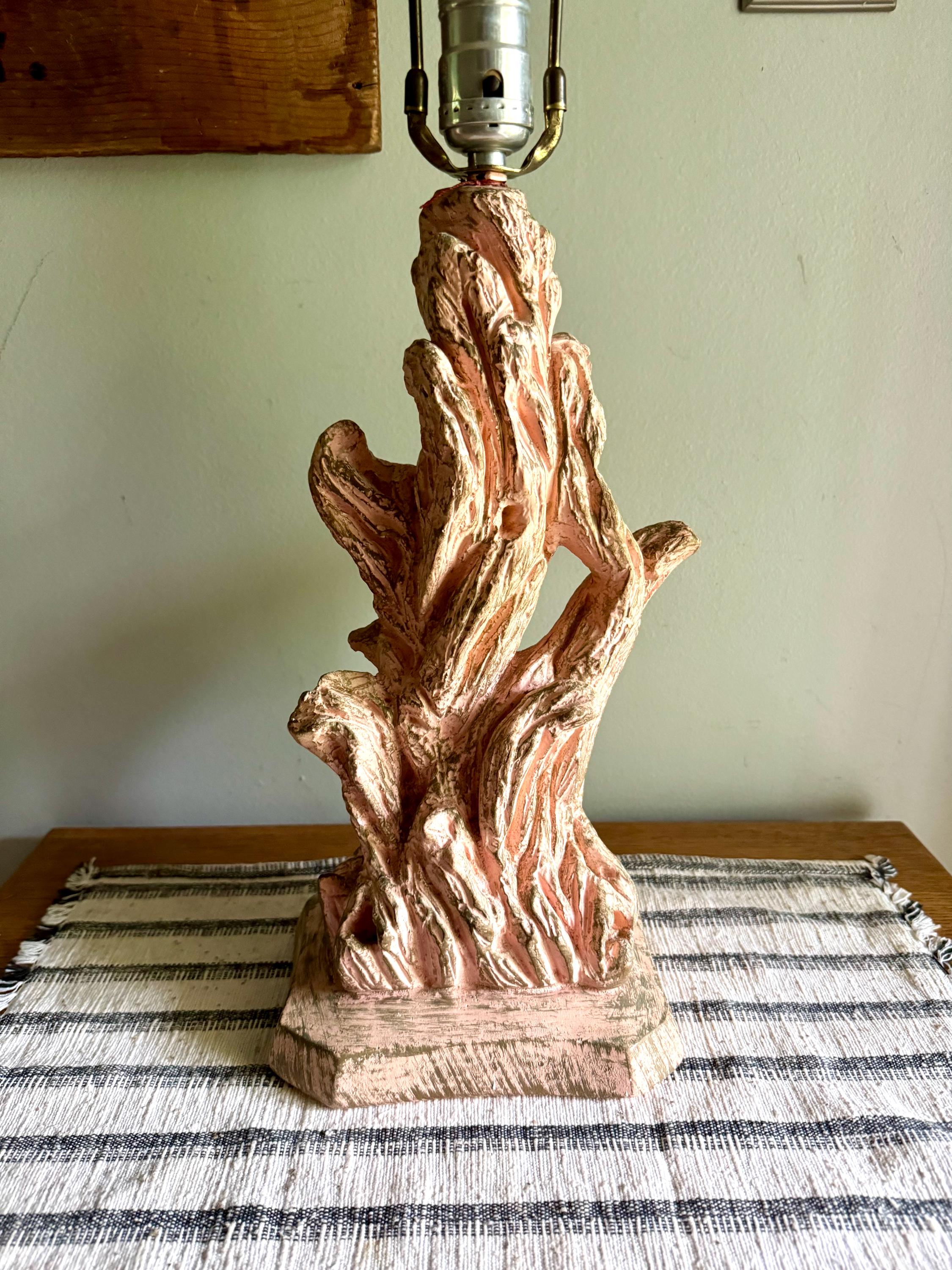 Vintage Pink Chalk Ware Faux Driftwood Lamp | Faux Driftwood Pink Lamp | Pink Plaster Tree Trunk Table Lamp | Unique Pink Lamp