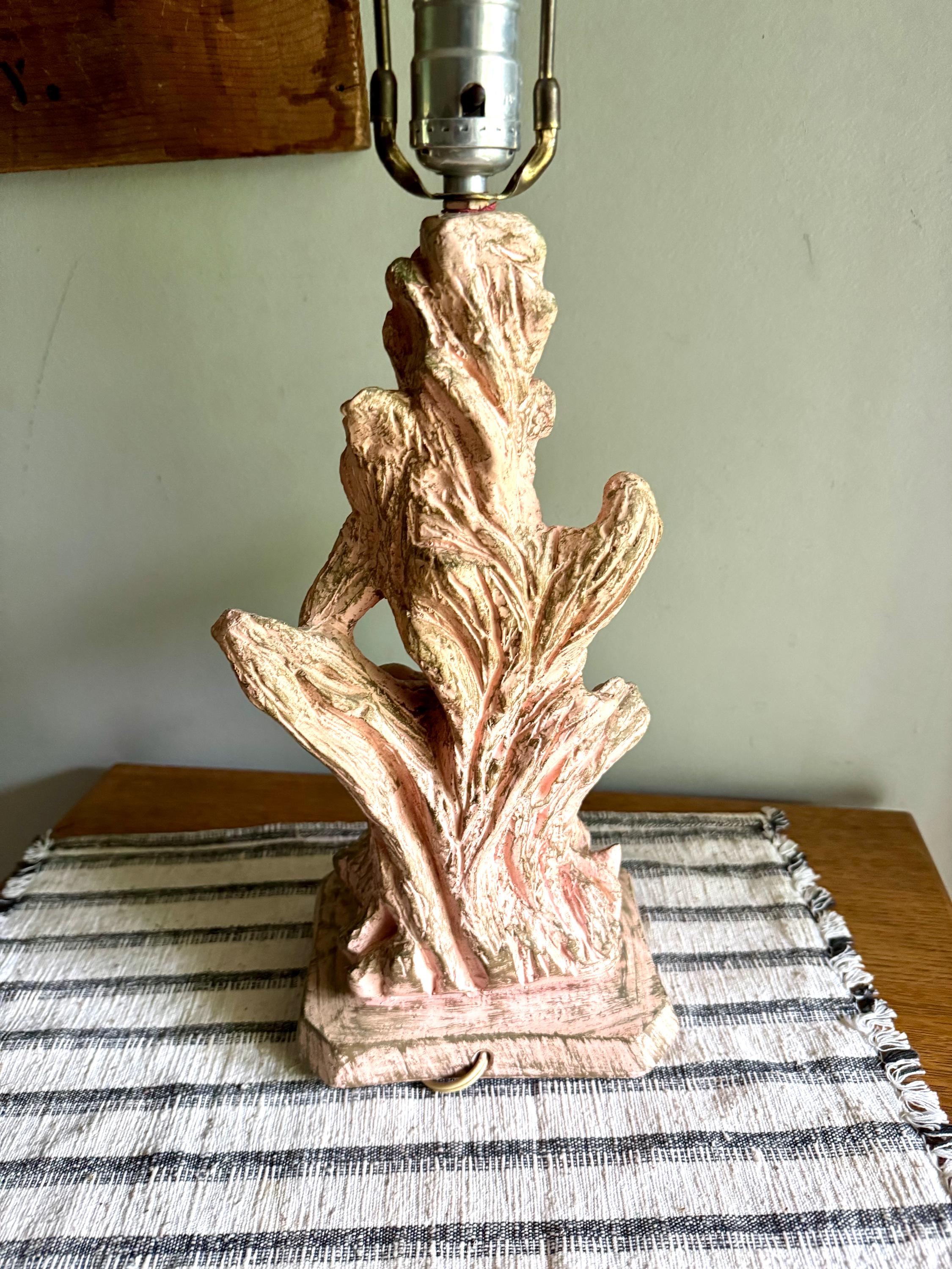 Vintage Pink Chalk Ware Faux Driftwood Lamp | Faux Driftwood Pink Lamp | Pink Plaster Tree Trunk Table Lamp | Unique Pink Lamp