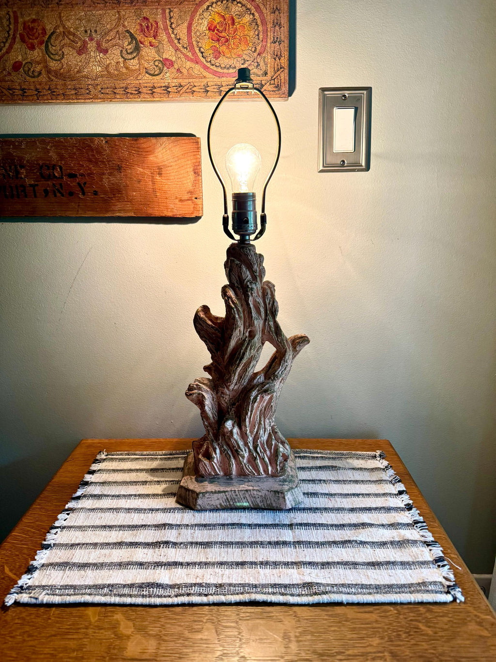 Vintage Pink Chalk Ware Faux Driftwood Lamp | Faux Driftwood Pink Lamp | Pink Plaster Tree Trunk Table Lamp | Unique Pink Lamp