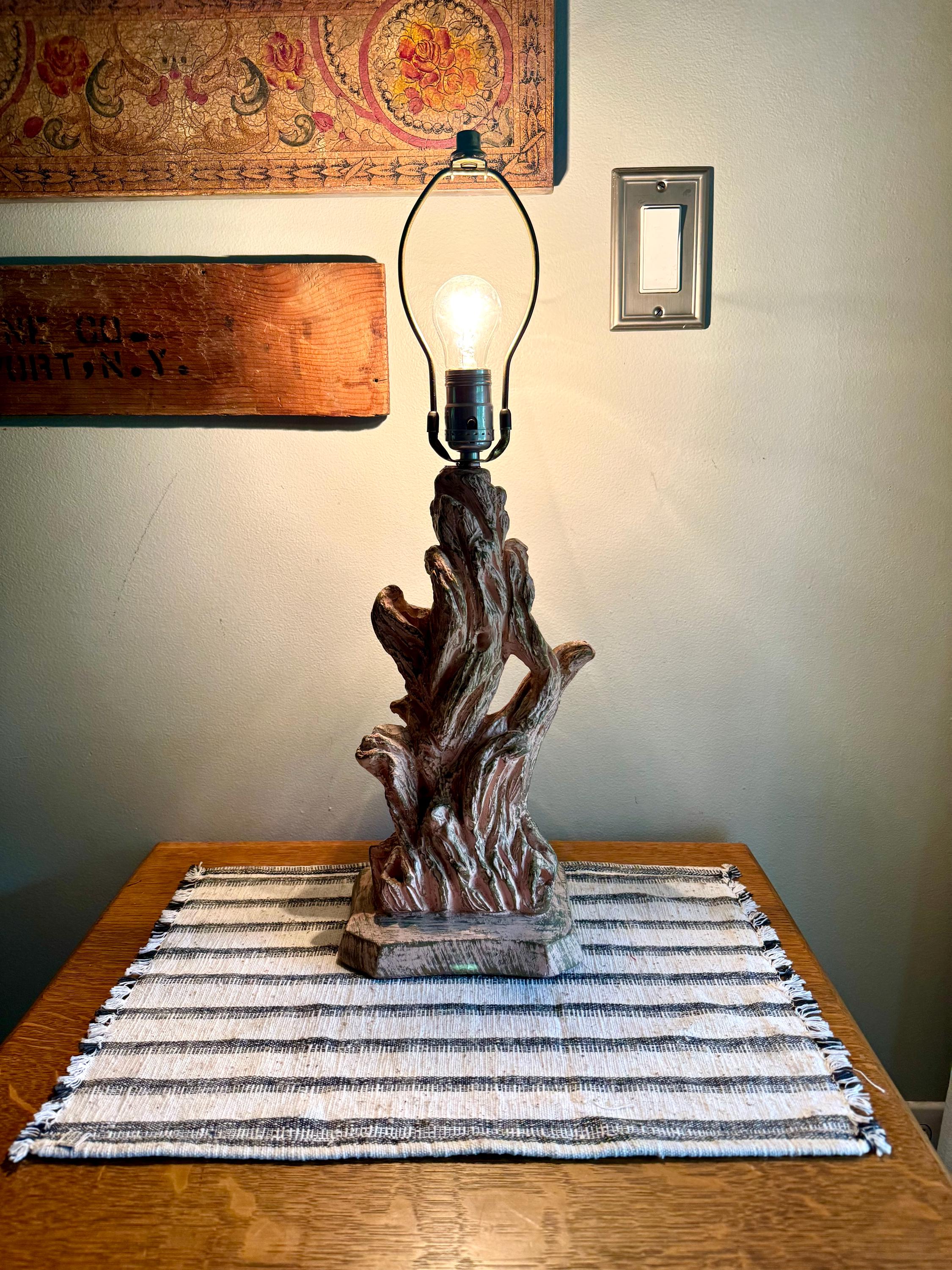 Vintage Pink Chalk Ware Faux Driftwood Lamp | Faux Driftwood Pink Lamp | Pink Plaster Tree Trunk Table Lamp | Unique Pink Lamp