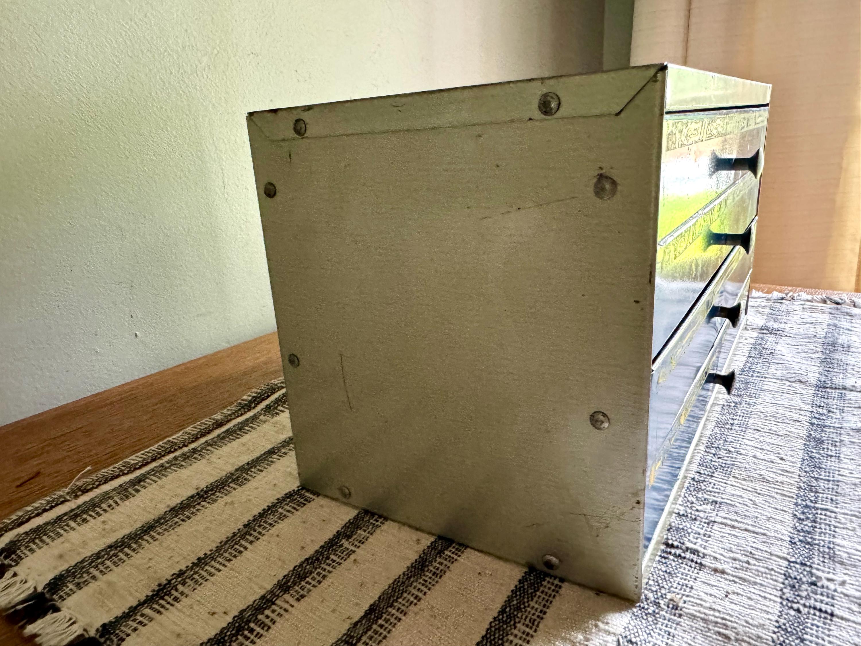 Vintage 50's IRC Resistor 4 Drawer Cabinet | Small Rustic IRC Industrial Parts Cabinet | Blue, Gray and Yellow Small Organizer Bin