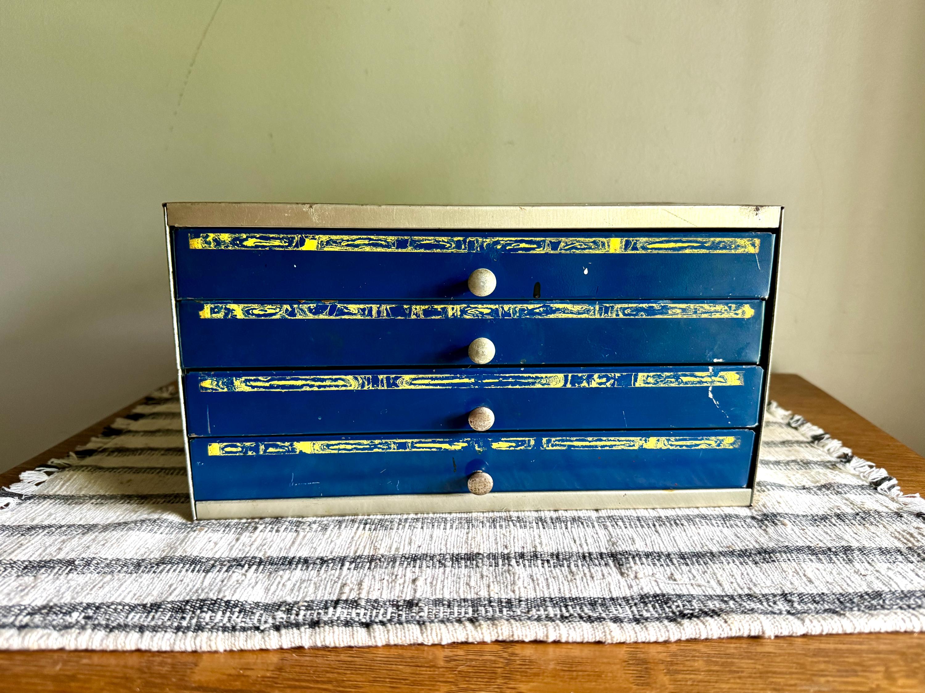 Vintage 50's IRC Resistor 4 Drawer Cabinet | Small Rustic IRC Industrial Parts Cabinet | Blue, Gray and Yellow Small Organizer Bin