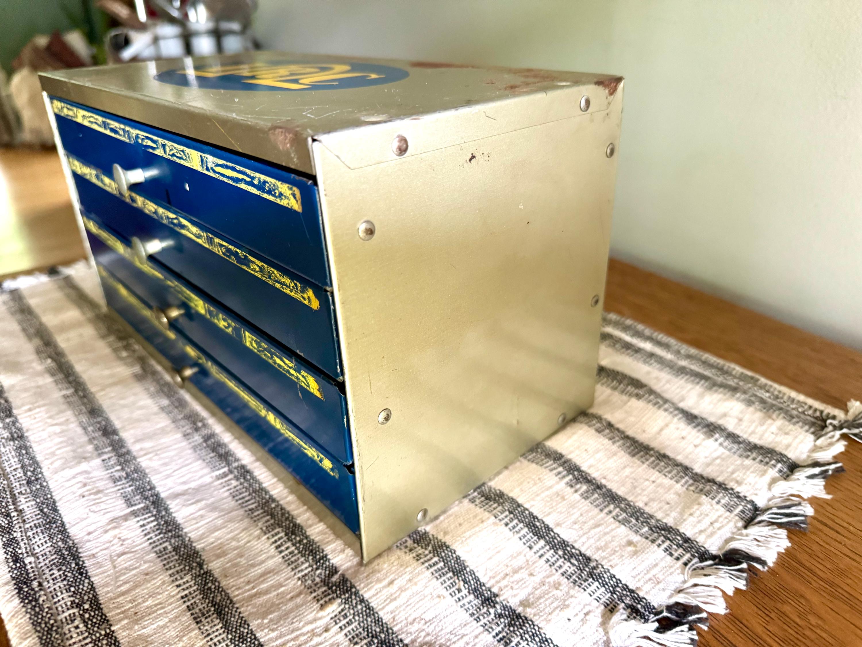 Vintage 50's IRC Resistor 4 Drawer Cabinet | Small Rustic IRC Industrial Parts Cabinet | Blue, Gray and Yellow Small Organizer Bin
