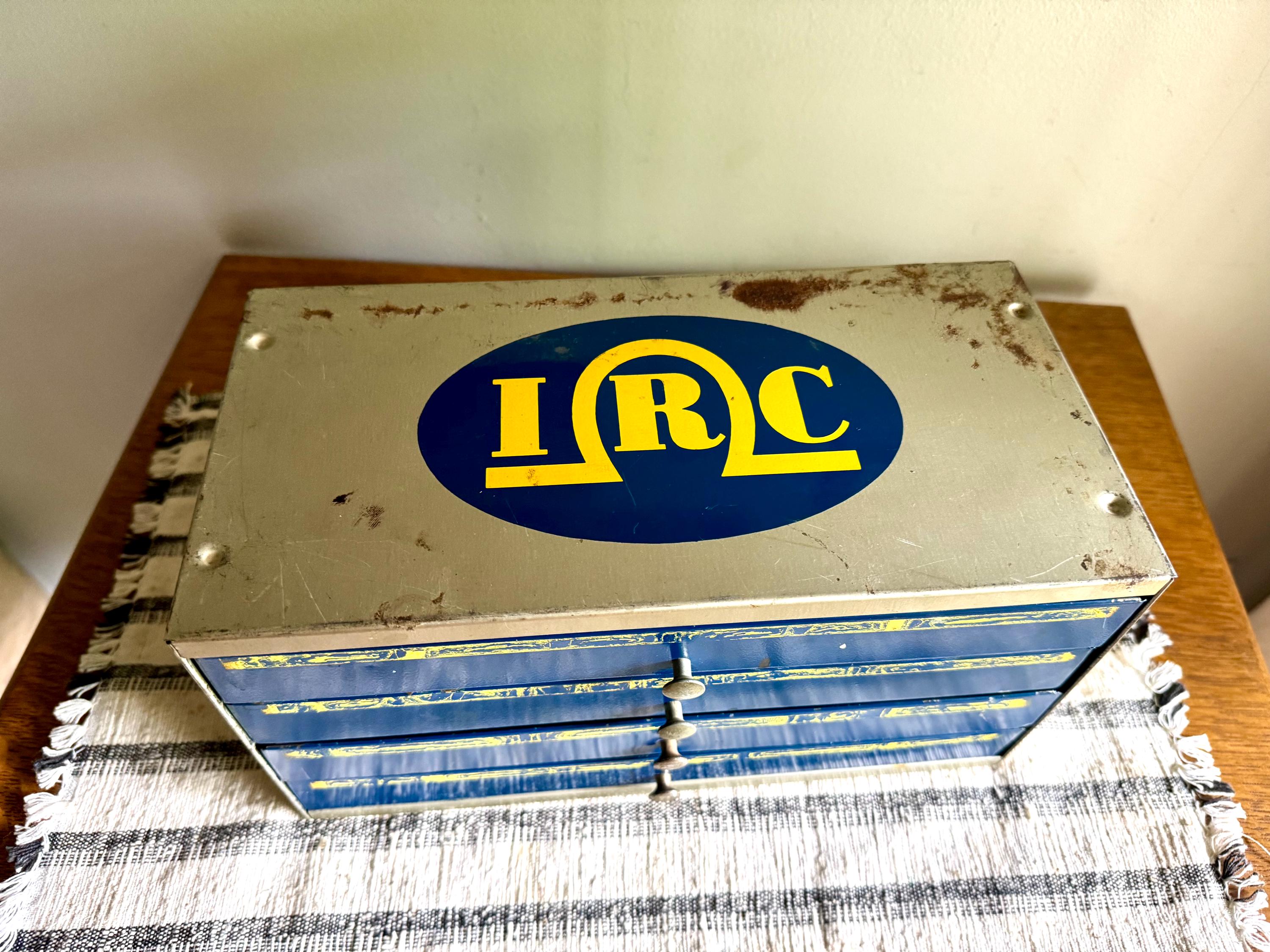 Vintage 50's IRC Resistor 4 Drawer Cabinet | Small Rustic IRC Industrial Parts Cabinet | Blue, Gray and Yellow Small Organizer Bin