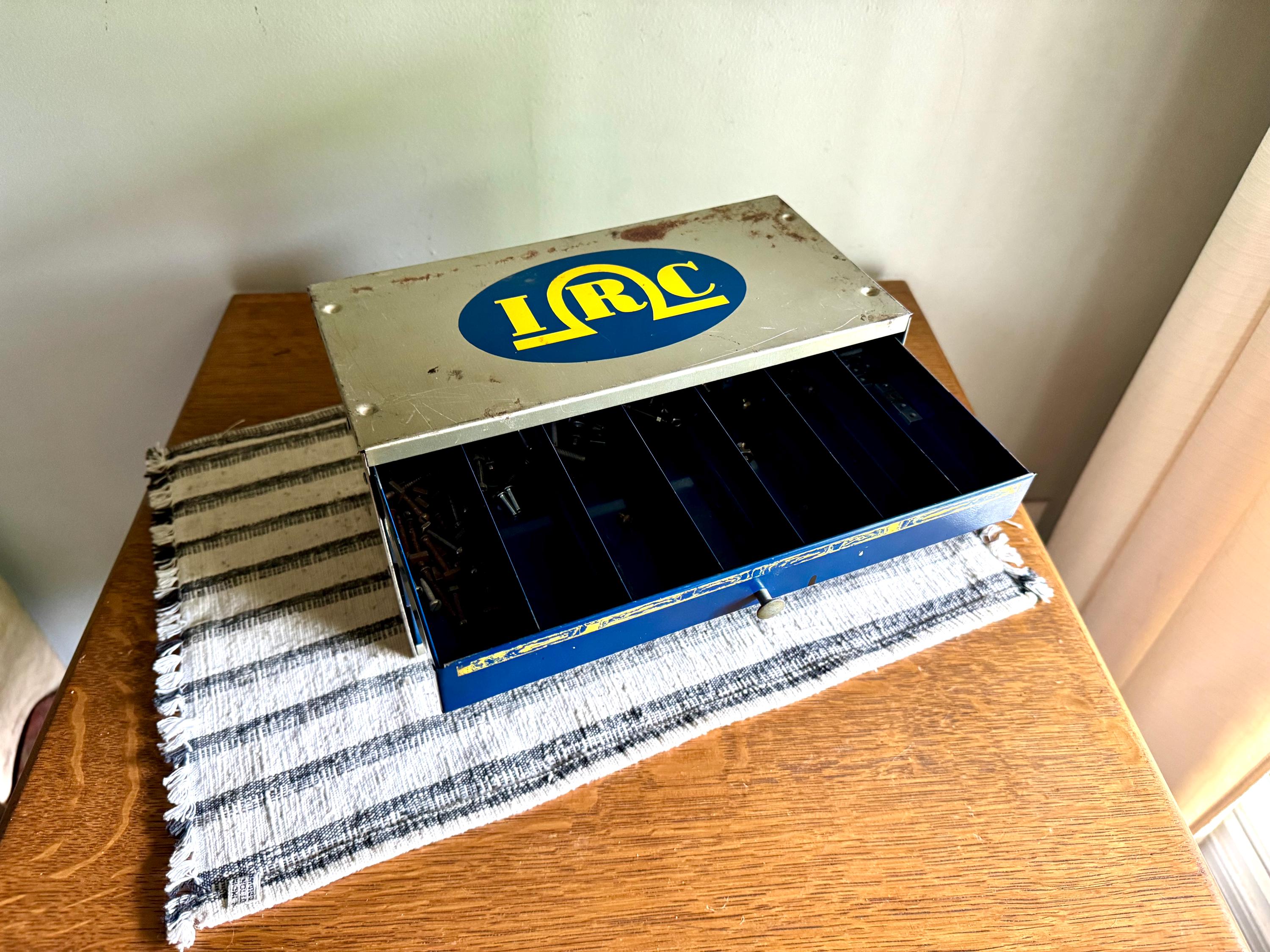 Vintage 50's IRC Resistor 4 Drawer Cabinet | Small Rustic IRC Industrial Parts Cabinet | Blue, Gray and Yellow Small Organizer Bin
